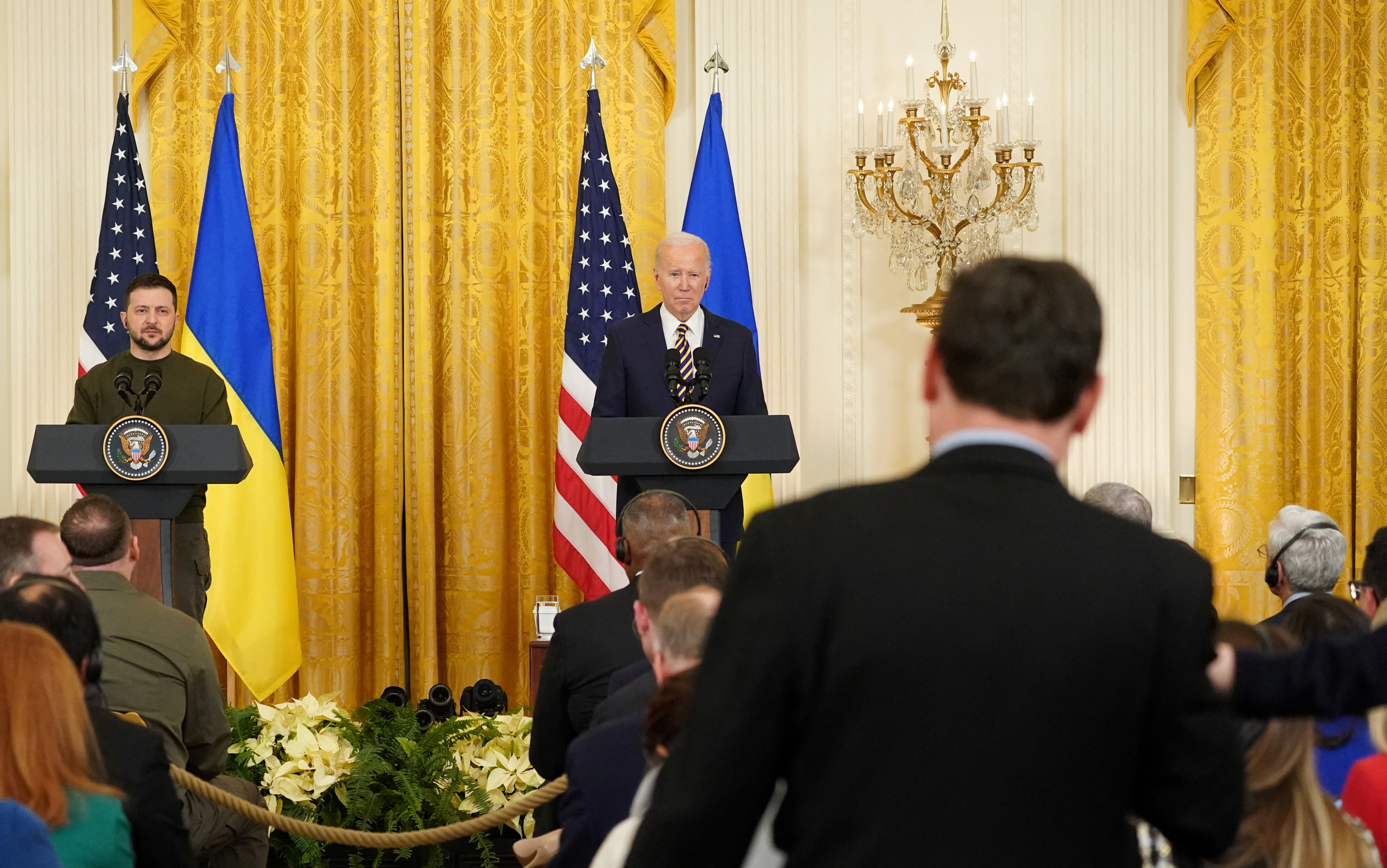 U.S. President Joe Biden and Ukraine's President Volodymyr Zelenskiy hold a joint news conference in the East Room of the White House in Washington, U.S., December 21, 2022. REUTERS/Kevin Lamarque