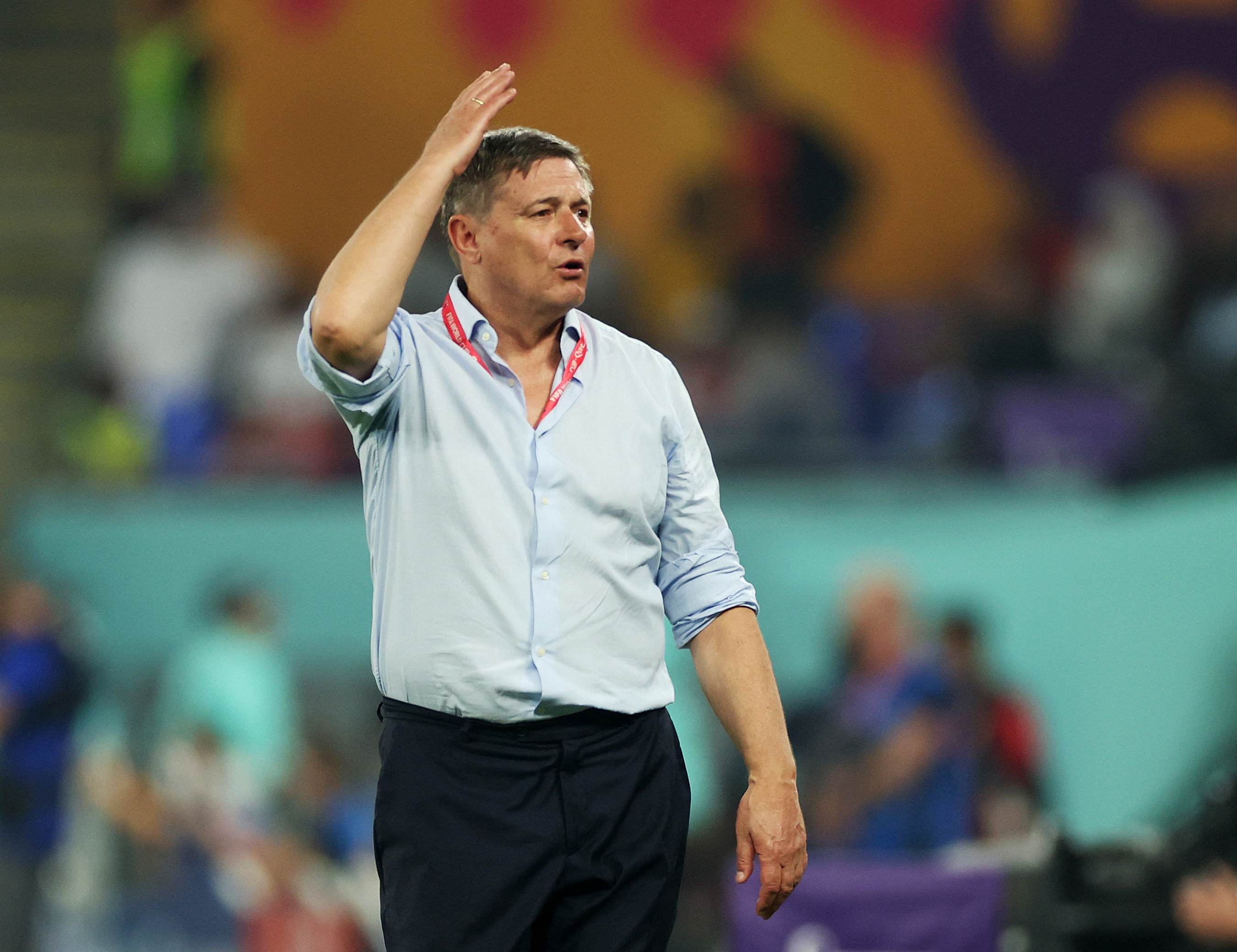 Soccer Football - FIFA World Cup Qatar 2022 - Group G - Serbia v Switzerland - Stadium 974, Doha, Qatar - December 2, 2022 Serbia coach Dragan Stojkovic reacts REUTERS/Carl Recine