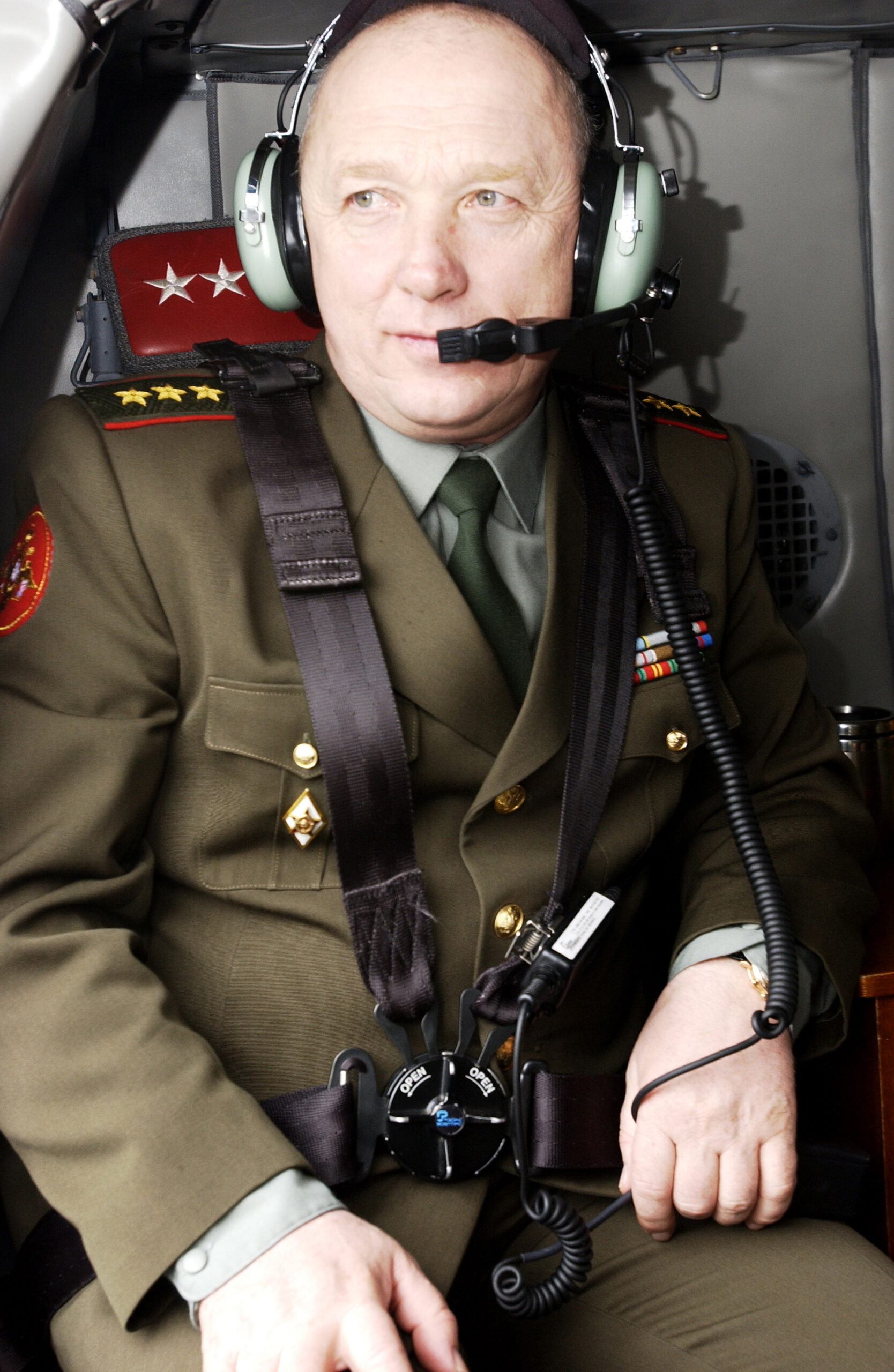 General-Colonel Aleksey F. Maslov, commander, Russian Ground Forces, awaits take-off from the Grafenwoehr Army Airfield prior to flying to Heidelberg, Germany. Maslov was visiting U.S. Army Europe at the invitation USAREUR's commander, B.B. Bell.