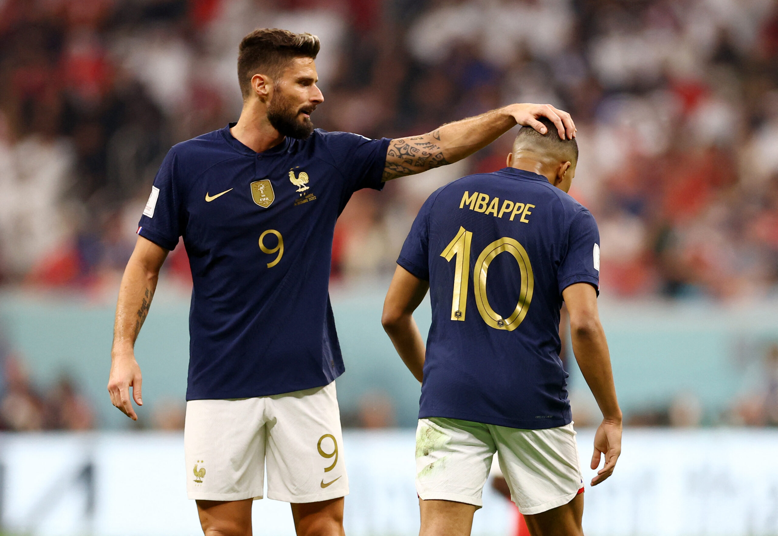 Soccer Football - FIFA World Cup Qatar 2022 - Semi Final - France v Morocco - Al Bayt Stadium, Al Khor, Qatar - December 14, 2022 France's Olivier Giroud and Kylian Mbappe REUTERS/Carl Recine