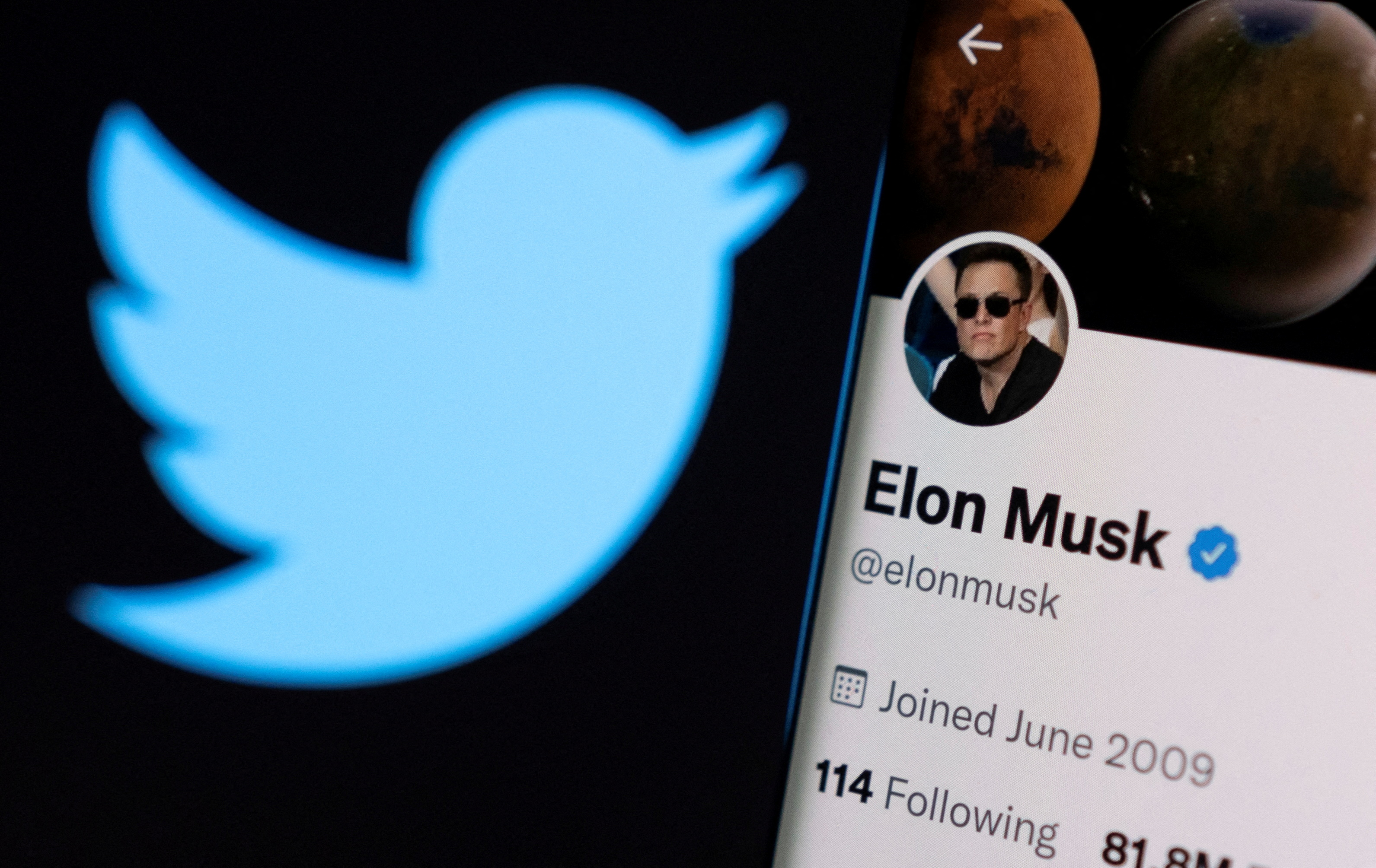 FILE PHOTO: A photo illustration shows Elon Musk's twitter account and the Twitter logo