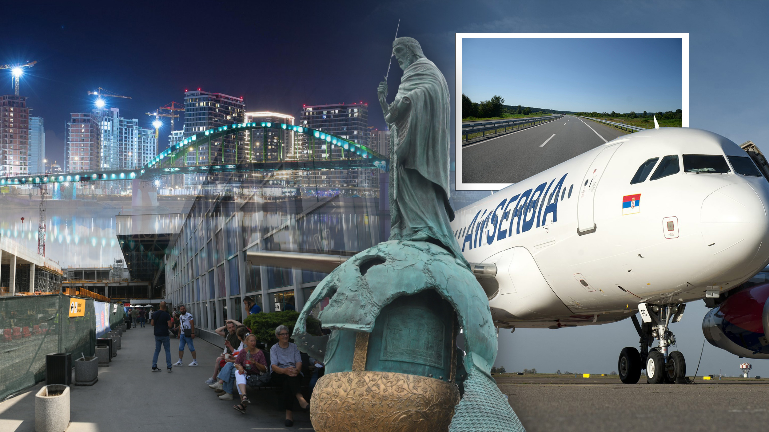Beograd-na-vodi,-Er-Srbija,-Aerodrom-Nikola-Tesla,-Autoput-Miloš-Veliki,-spomenik-Stefanu-Nemanji