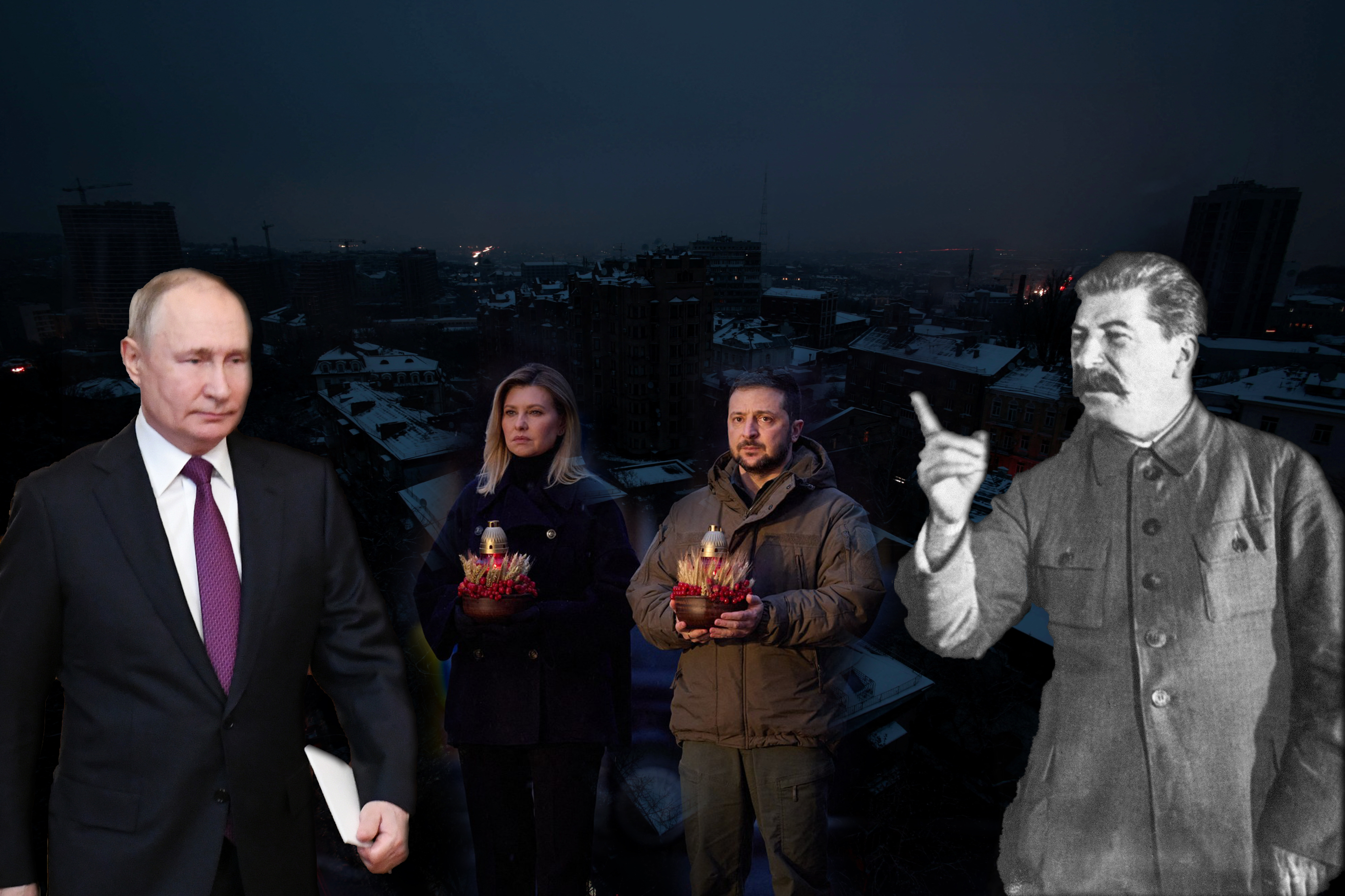 Kijv, zima, sneg, mrak, Olena Zelenski, Vladimir Zelenski, Vladimir Putin, Josif Staljin, kombo Foto: REUTERS/Vladyslav Sodel/ABACA / Abaca Press / STF / AFP / Profimedia/EPA-EFE/MIKHAIL KLIMENTYEV / KREMLIN POOL / SPUTNIK
