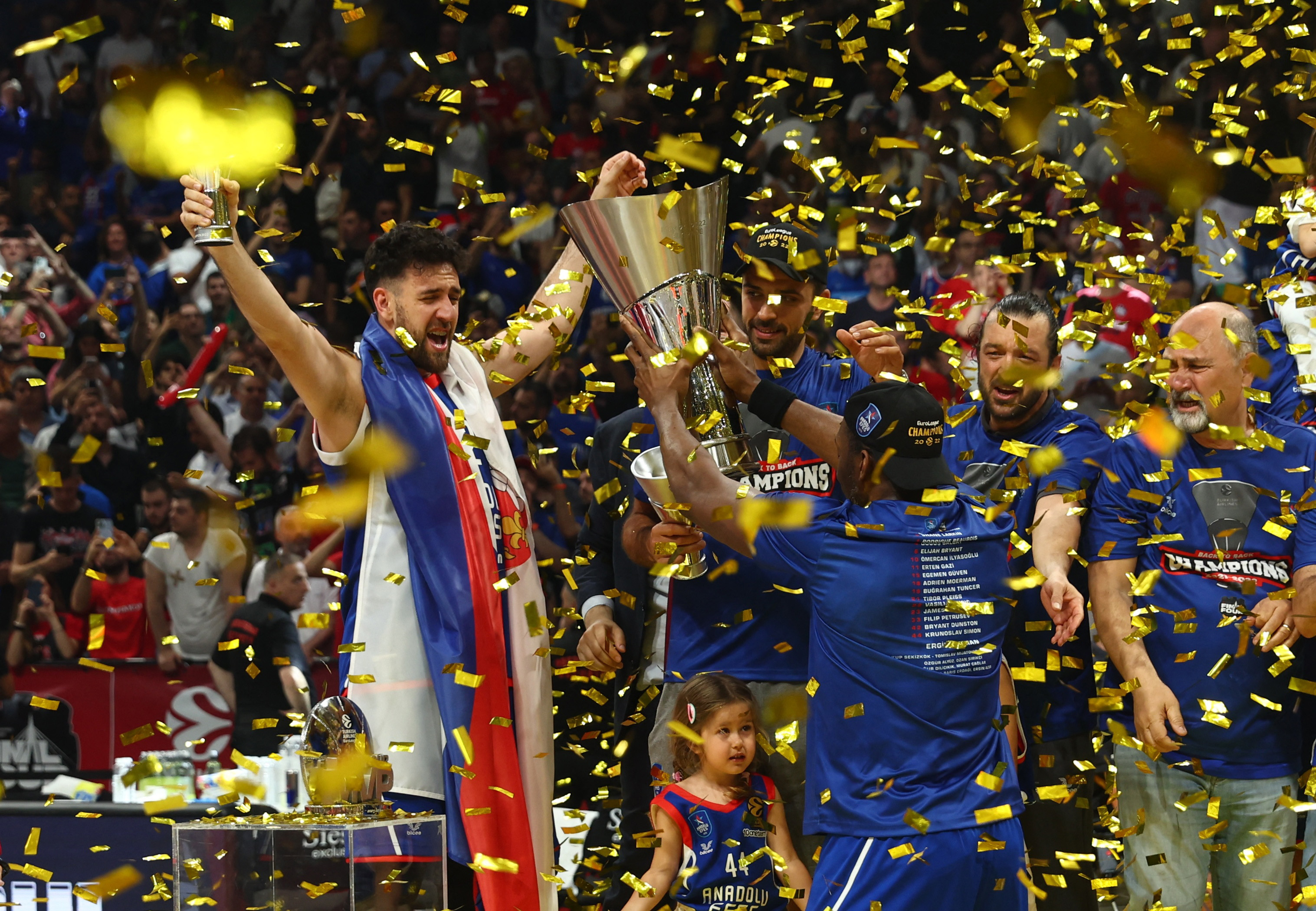 Basketball - Euroleague Final - Real Madrid v Anadolu Efes - Stark Arena, Belgrade, Serbia - May 21, 2022 Anadolu Efes's Vasilije Micic celebrates with the trophy after winning the Euroleague final REUTERS/Marko Djurica