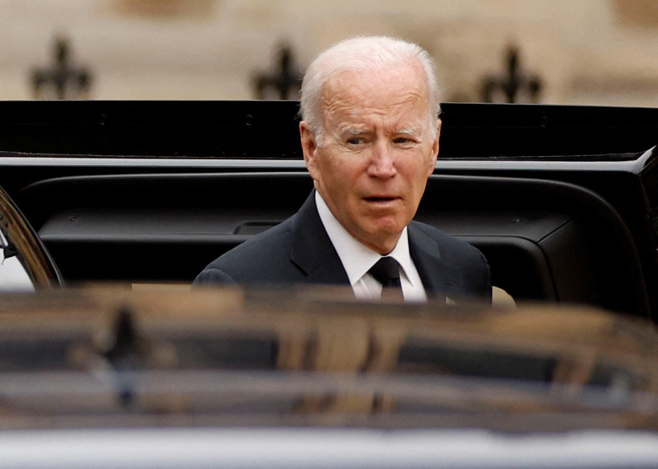 U.S. President Joe Biden arrives at Westminster Abbey, on the day of the state funeral and burial of Britain's Queen Elizabeth, in London, Britain, September 19, 2022   REUTERS/John Sibley