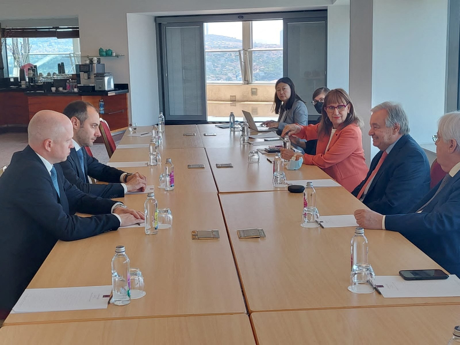 Oleksandr Kubrakov, Minister of Infrastructure of Ukraine and UN Secretary-General Antonio Guterres attend a meeting in a location given as Istanbul