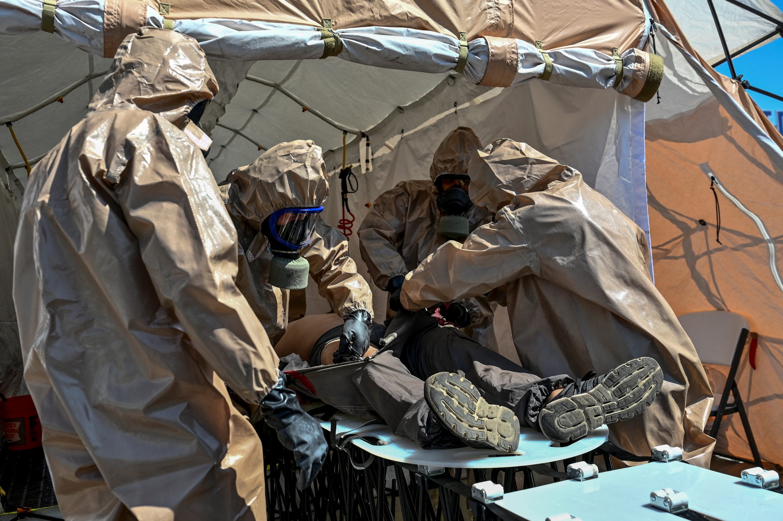Members of the State Emergency Service attend nuclear disaster response drills amid shelling of Zaporizhzhia Nuclear Power Plant, as Russia's attack on Ukraine continues, in Zaporizhzhia, Ukraine August 17, 2022.  REUTERS/Dmytro Smolienko