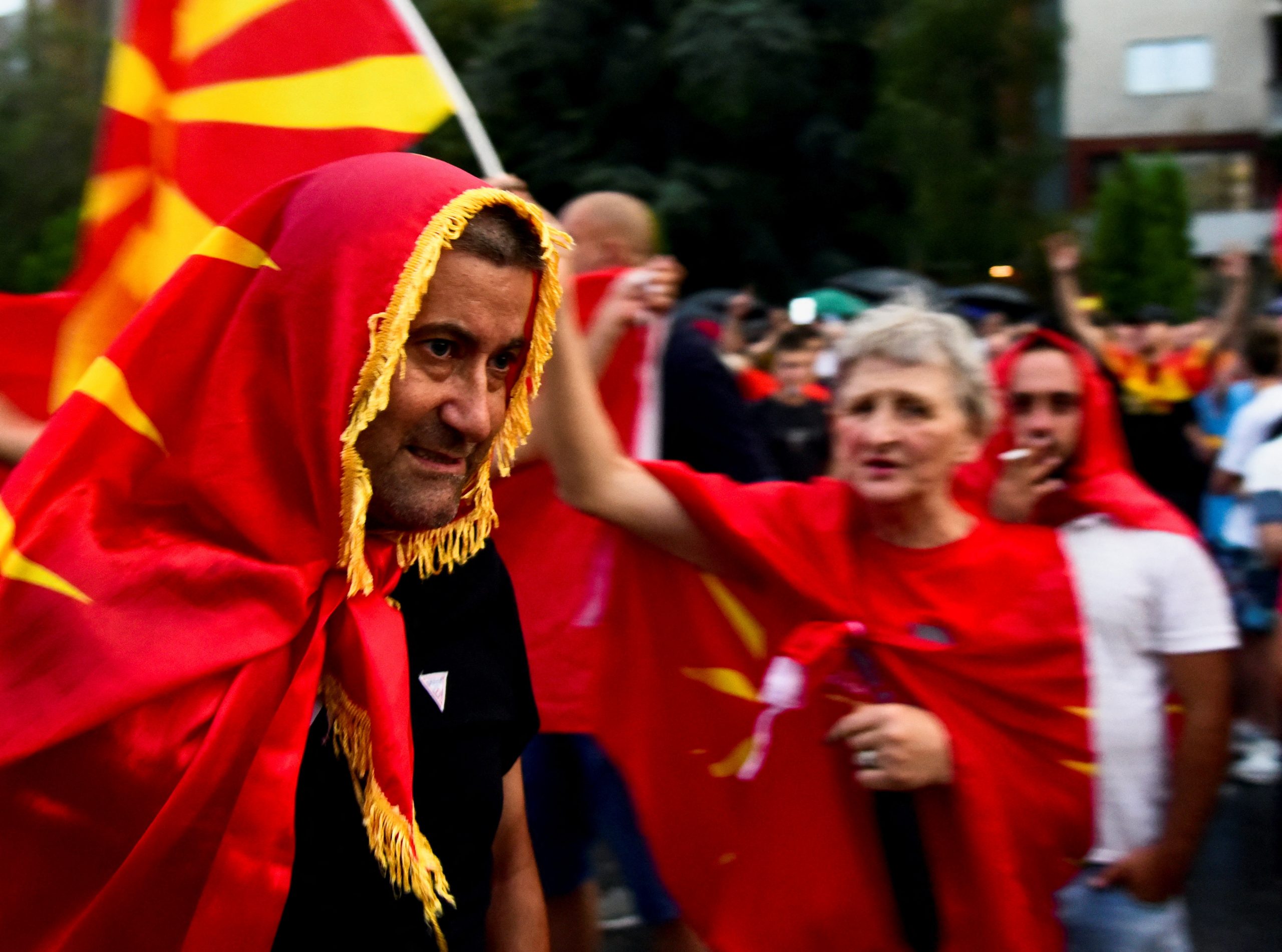 Supporters of North Macedonia's biggest opposition party VMRO-DPMNE, wave flags and shout slogans during a rally demanding the rejection of the French proposal, in Skopje, North Macedonia July 5, 2022. REUTERS/Nake Batev NO RESALES. NO ARCHIVES