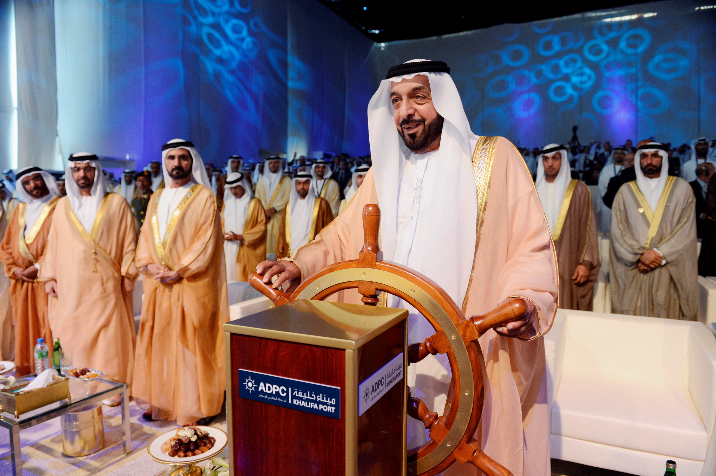 FILE PHOTO: President of the United Arab Emirates Sheikh Khalifa bin Zayed bin Sultan Al Nahyan is seen at Khalifa Port during the official inauguration of the container terminal in Abu Dhabi