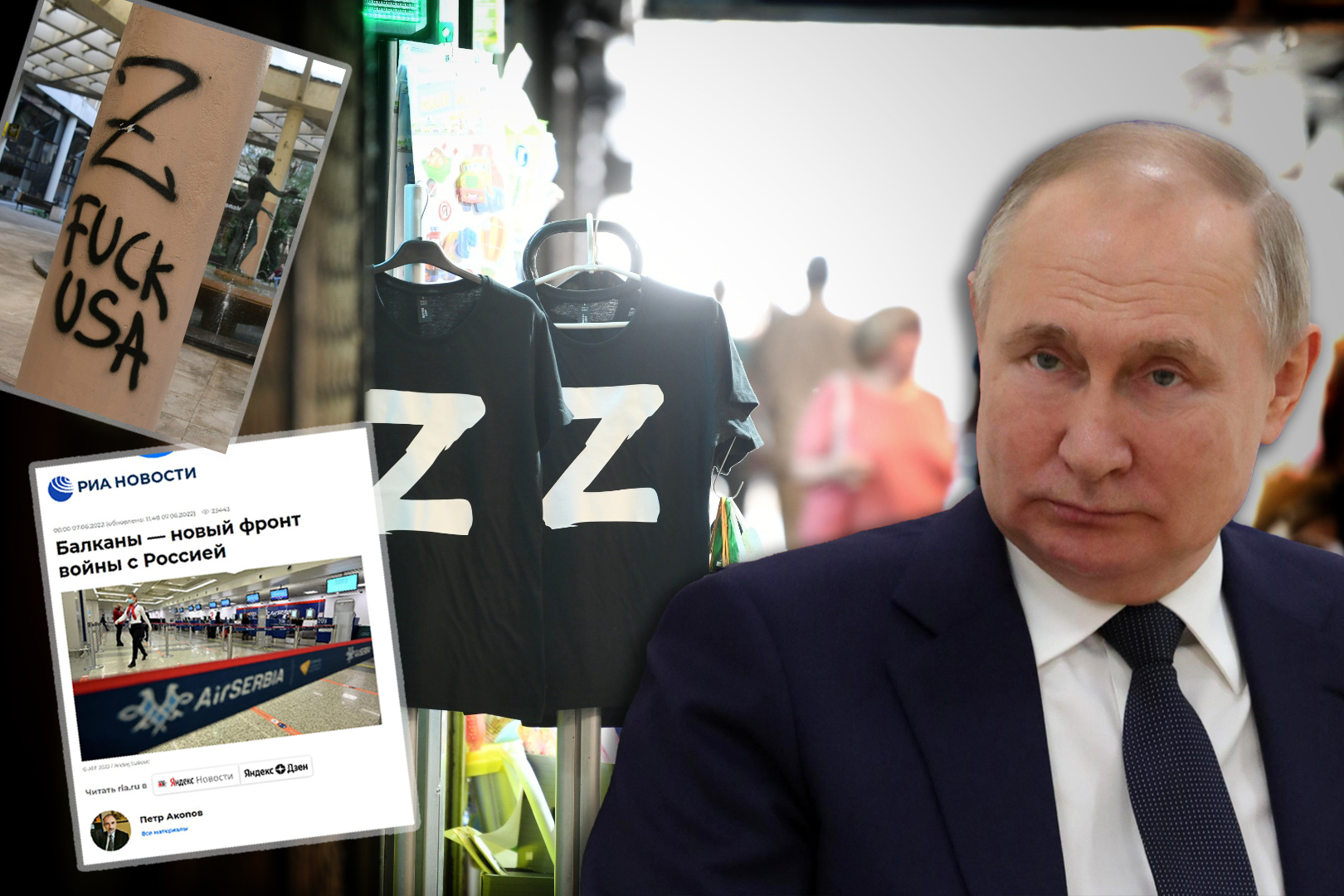 Kombo rusija, Putin + Beograd (neka scena sa slovom Z) + skrinšot ovog teksta sa RIA: