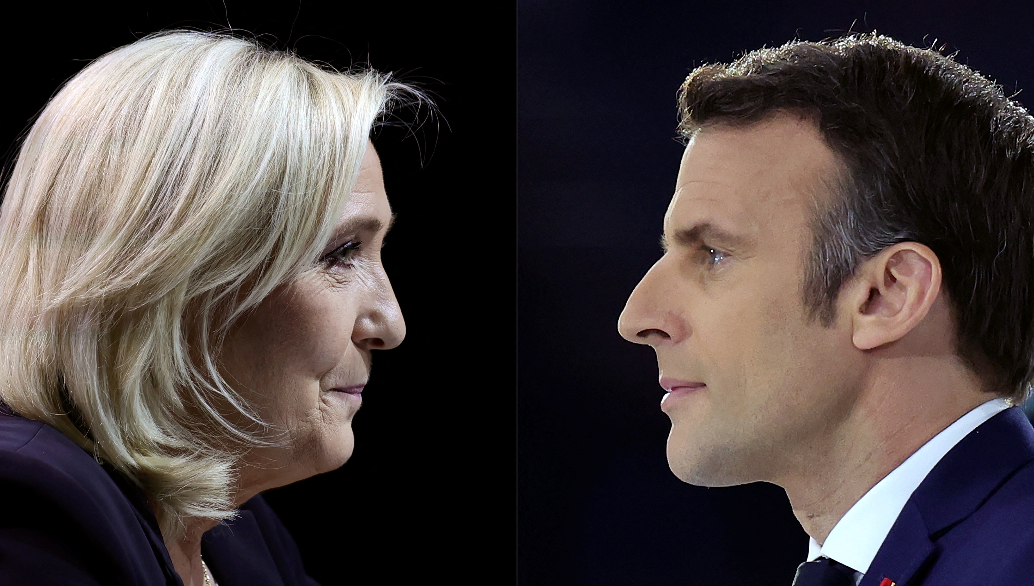 A combination picture shows portraits of Le Pen and Macron running for the second round of the 2022 French Presidential election
