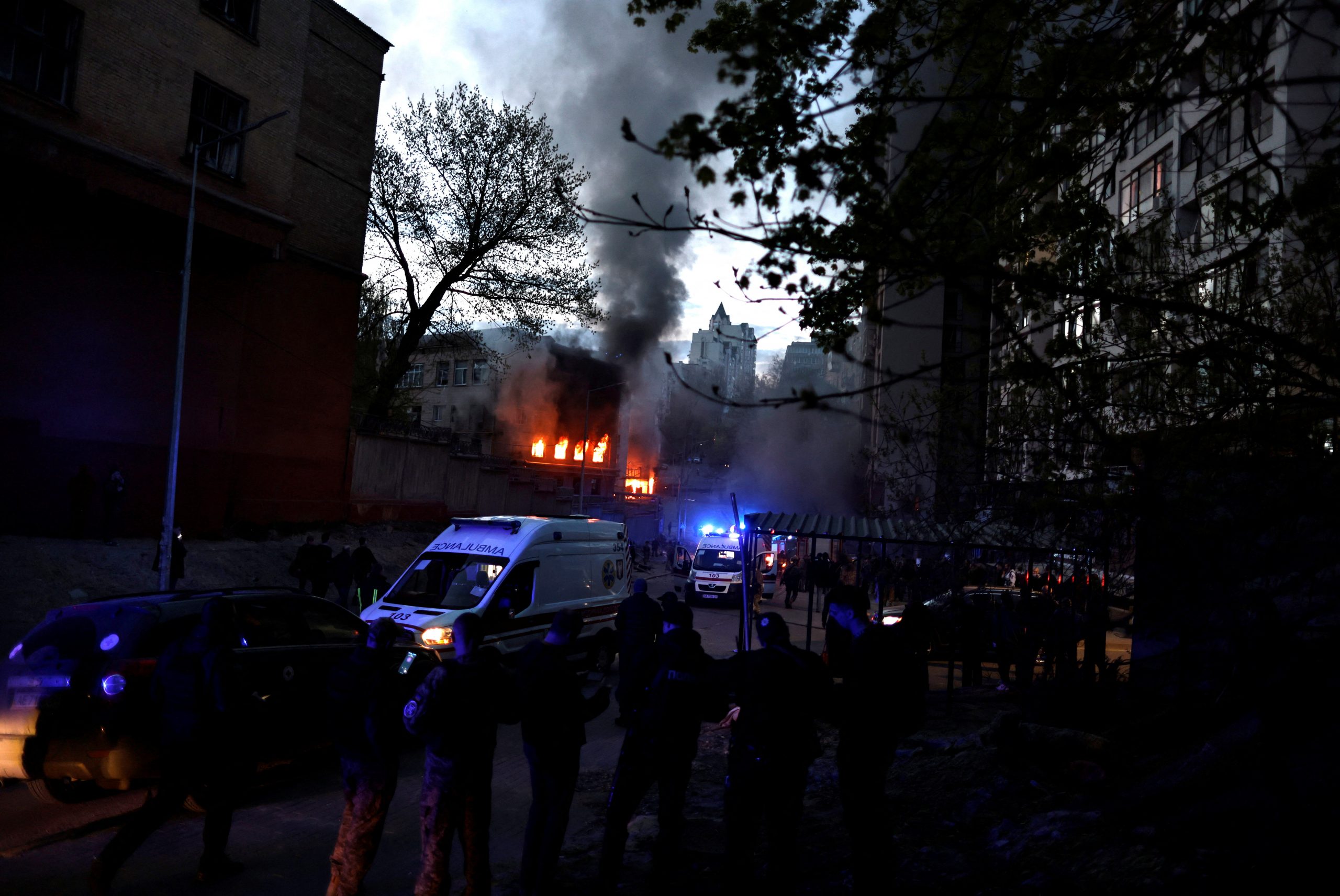 Fire burns in a building after a shelling, amid Russia's invasion of Ukraine, in Kyiv, Ukraine April 28, 2022. REUTERS/Zohra Bensemra