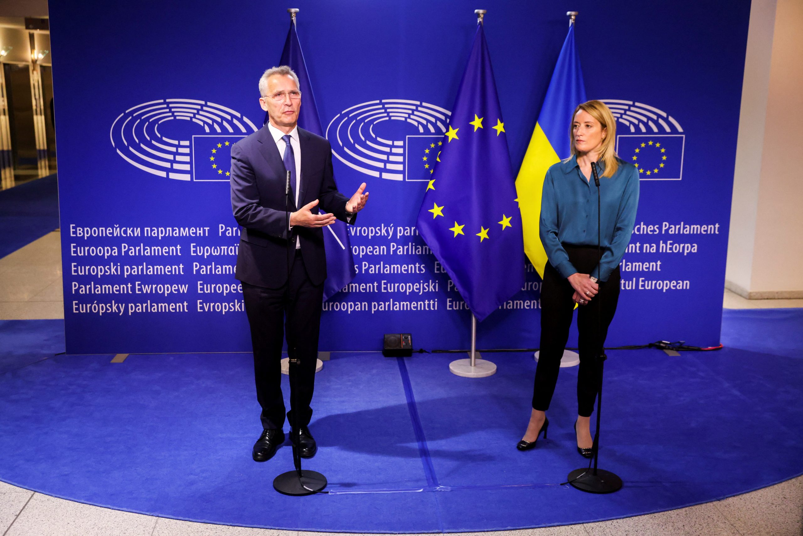 NATO Secretary-General Jens Stoltenberg speaks as the European Parliament President Roberta Metsola listens during a news conference at the European Parliament in Brussels, Belgium, April 28, 2022. REUTERS/Johanna Geron