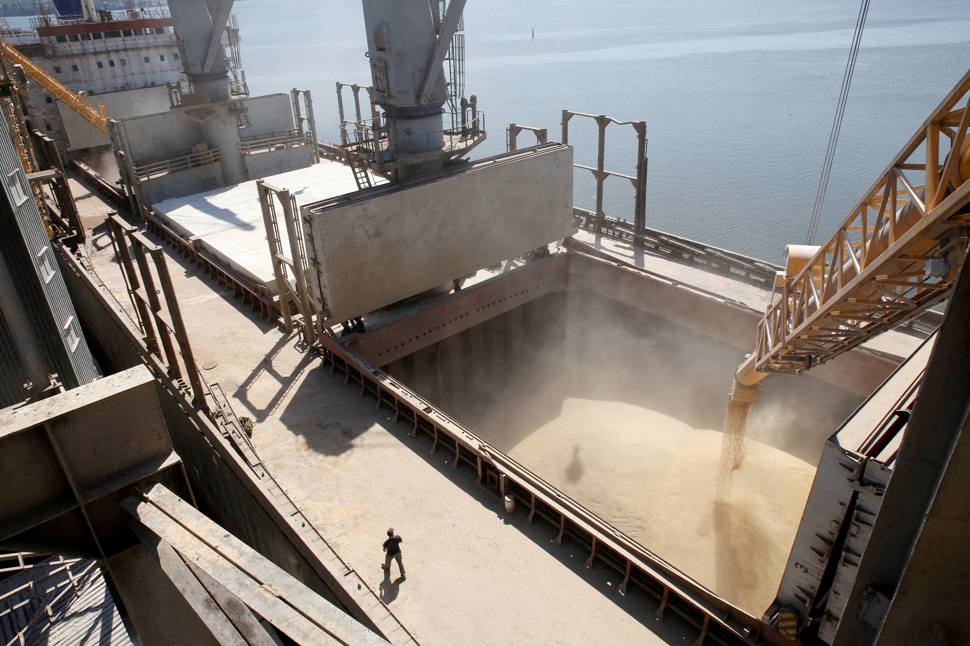 FILE PHOTO: A dockyard worker watches as barley grain is mechanically poured into a 40,000 ton ship at a Ukrainian agricultural exporter's shipment terminal in the southern Ukrainian city of Nikolaev July 9, 2013.   REUTERS/Vincent Mundy/File Photo