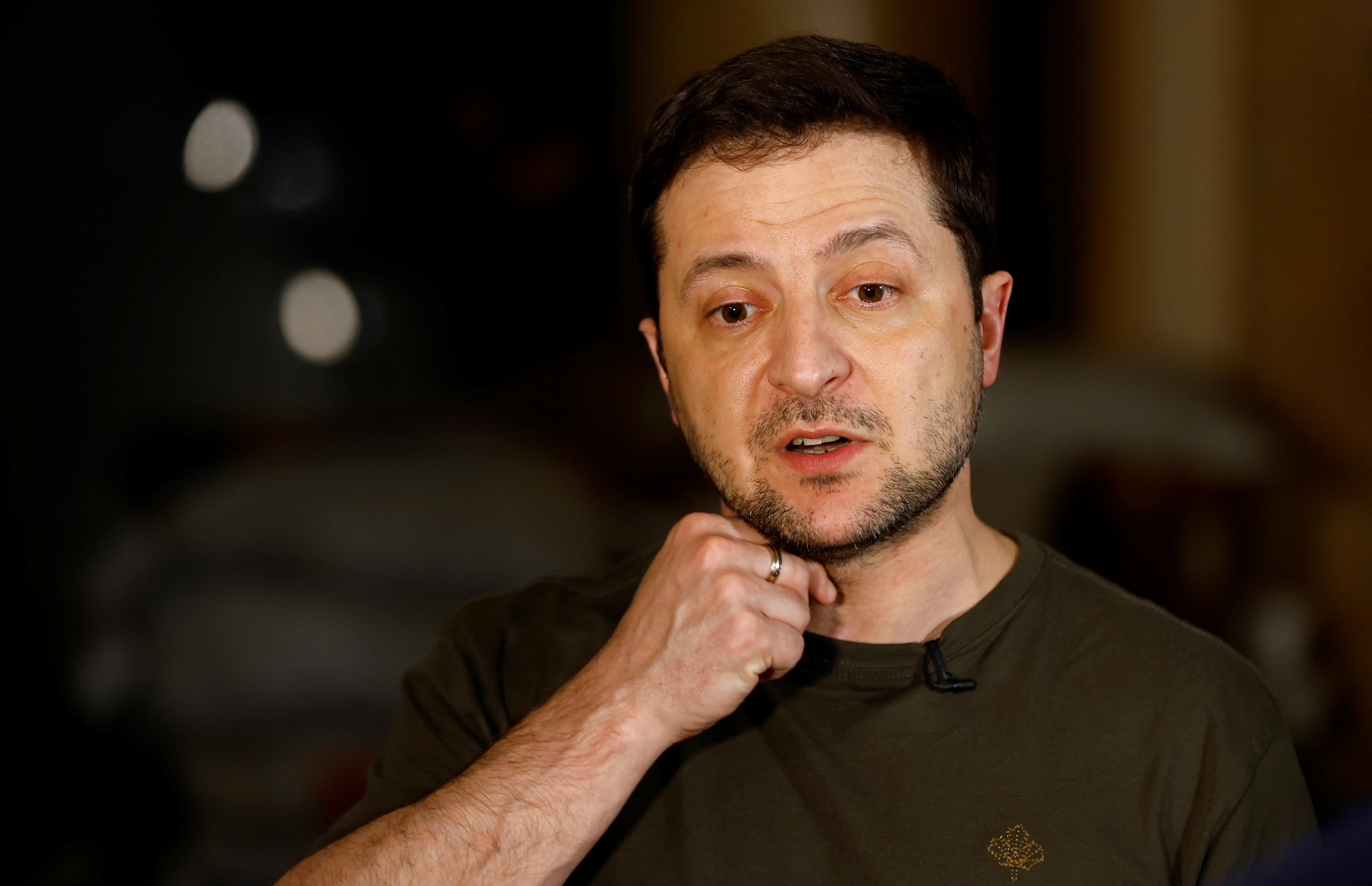 Ukrainian President Volodymyr Zelenskiy talks during an interview with Reuters after Russia's invasion of Ukraine, in Kyiv, Ukraine, March 1, 2022. REUTERS/Umit Bektas