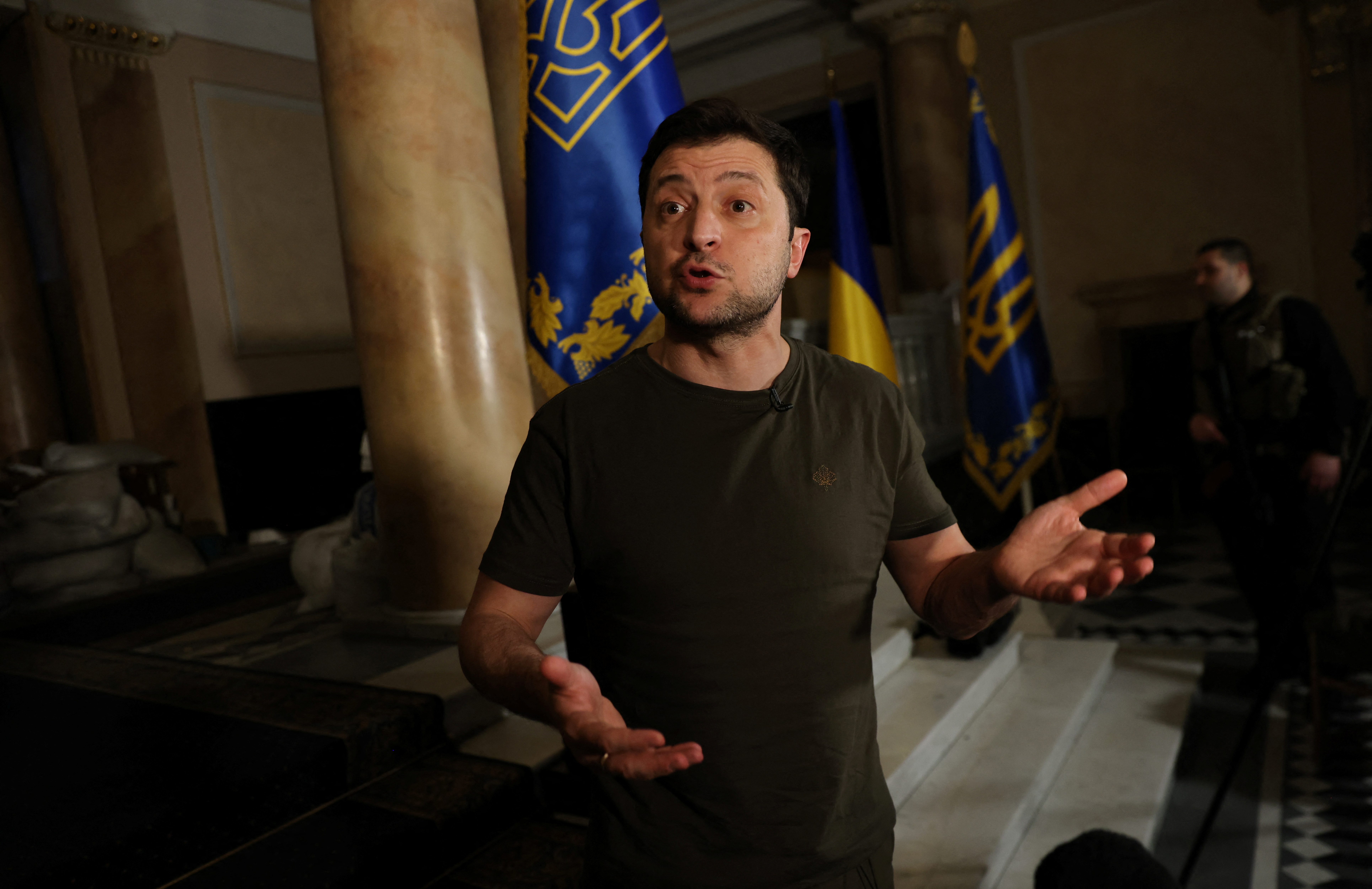 Ukrainian President Volodymyr Zelenskiy talks during an interview with Reuters in Kyiv, Ukraine, March 1, 2022. REUTERS/Umit Bektas