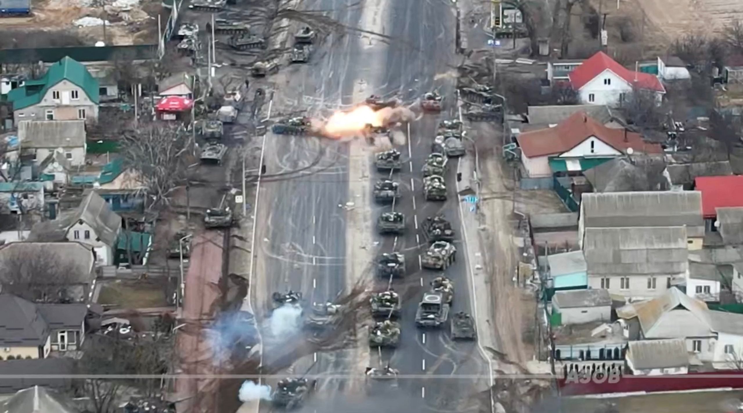 Tanks are seen being destroyed on the outskirts of Brovary, Ukraine, in this screengrab from an undated handout video obtained by Reuters on March 10, 2022.  Azov/Handout via REUTERS    THIS IMAGE HAS BEEN SUPPLIED BY A THIRD PARTY