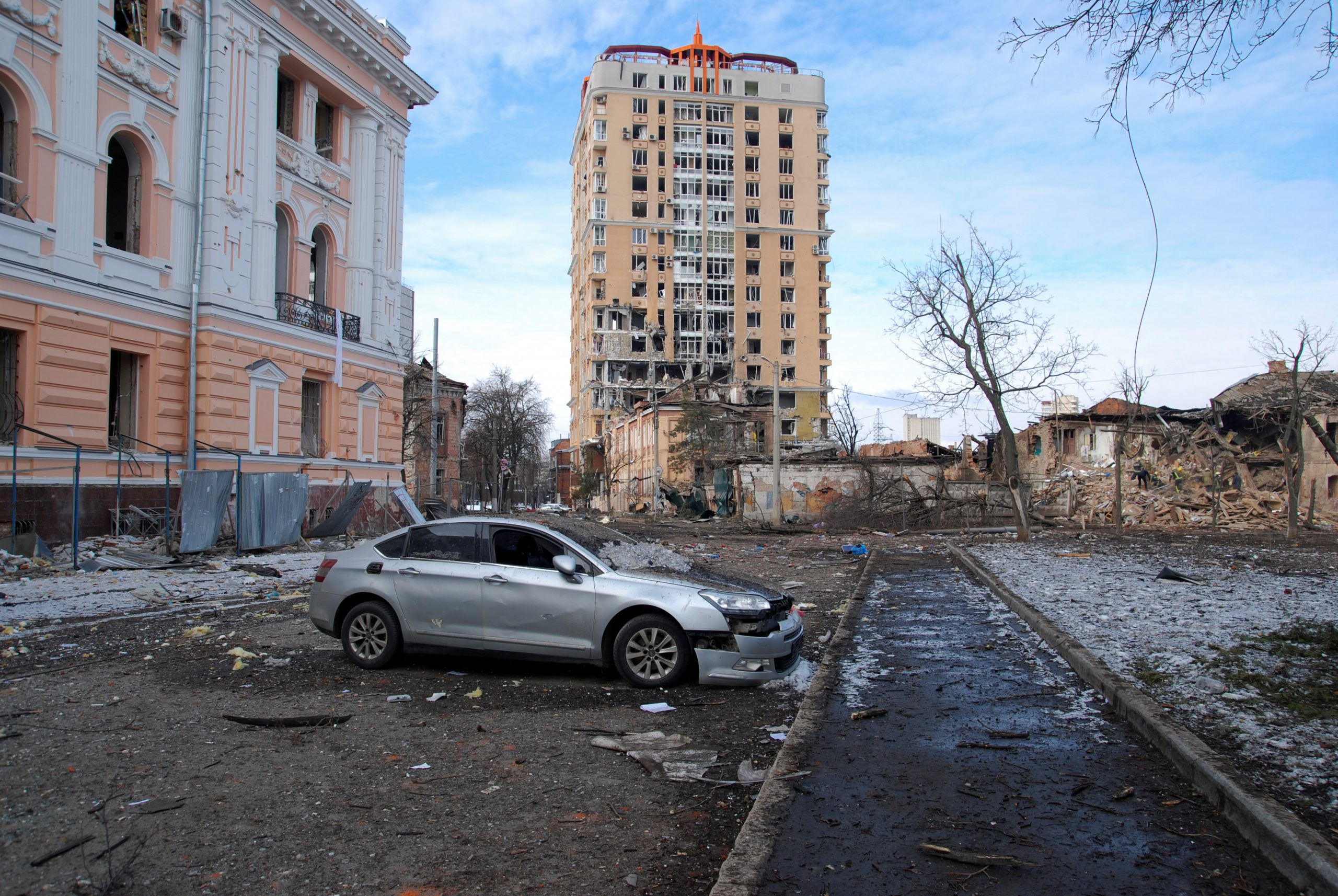 A view shows buildings damaged by recent shelling during Russia's invasion of Ukraine in Kharkiv, Ukraine, March 8, 2022. REUTERS/Oleksandr Lapshyn