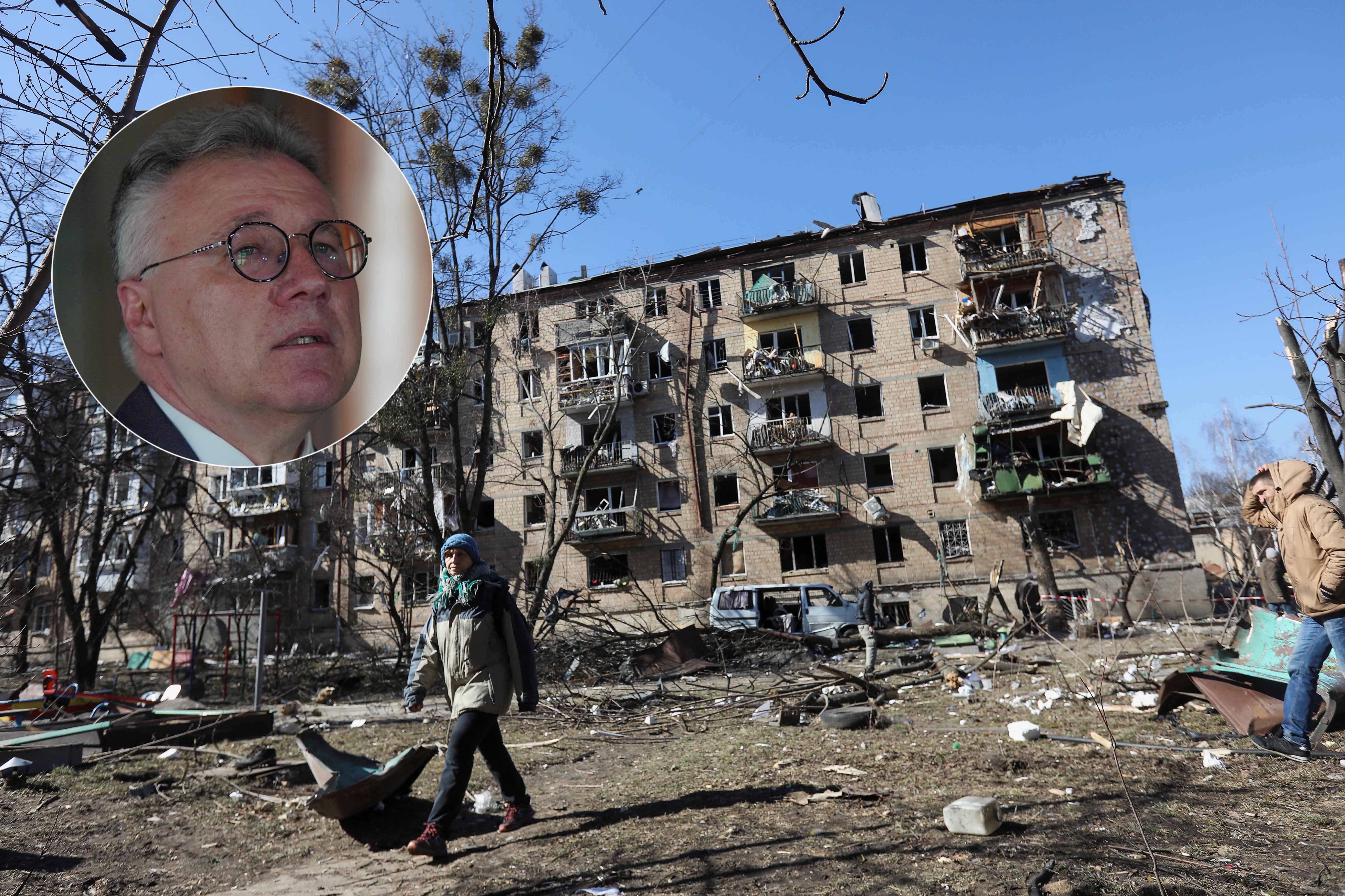 A residential building damaged by shelling is seen in Kyiv, Ukraine, March 18, 2022. REUTERS/Mykola Tymchenko