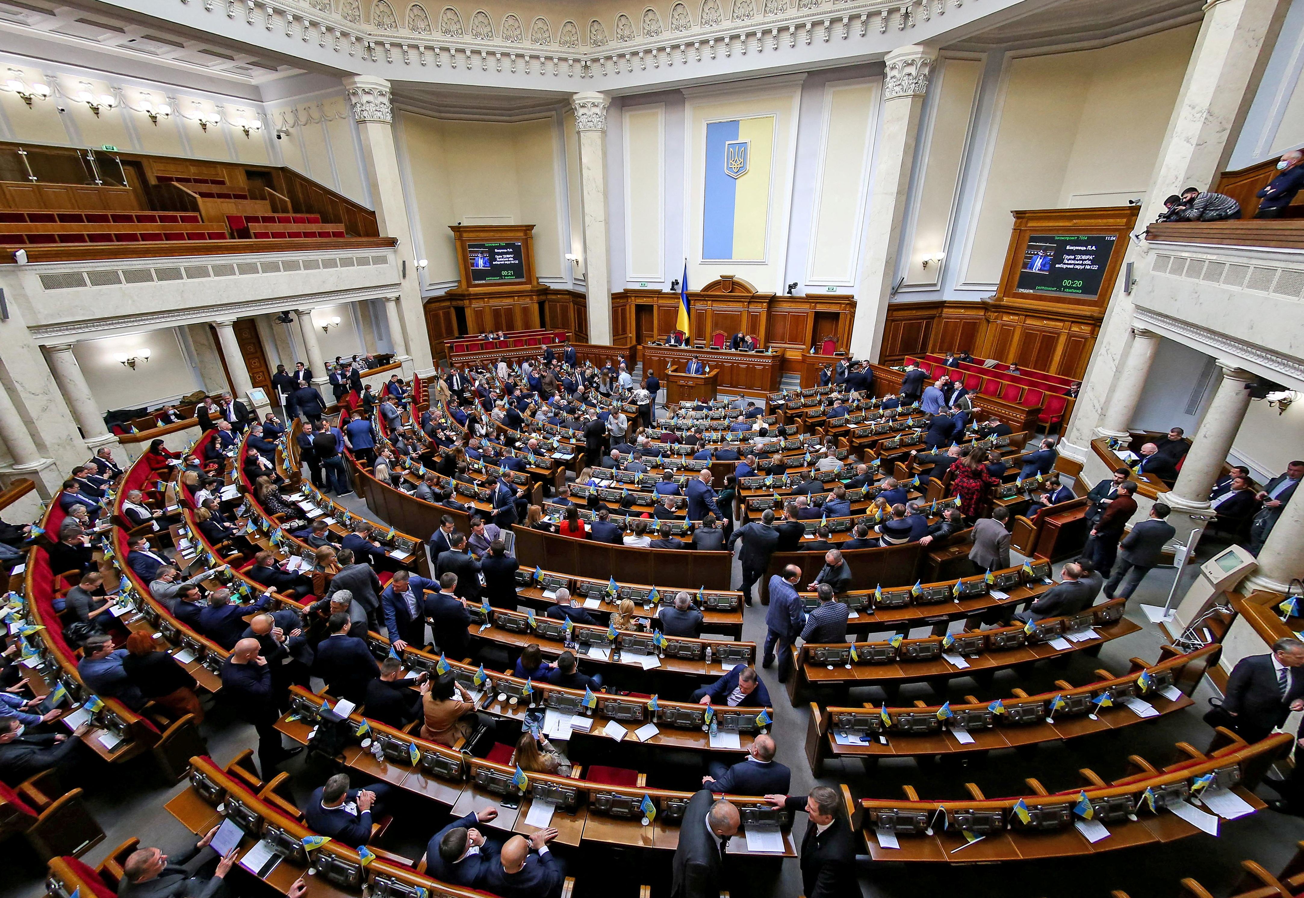 Ukrainian lawmakers attend a session of parliament in Kyiv, Ukraine February 23, 2022. REUTERS/Viacheslav Ratynskyi