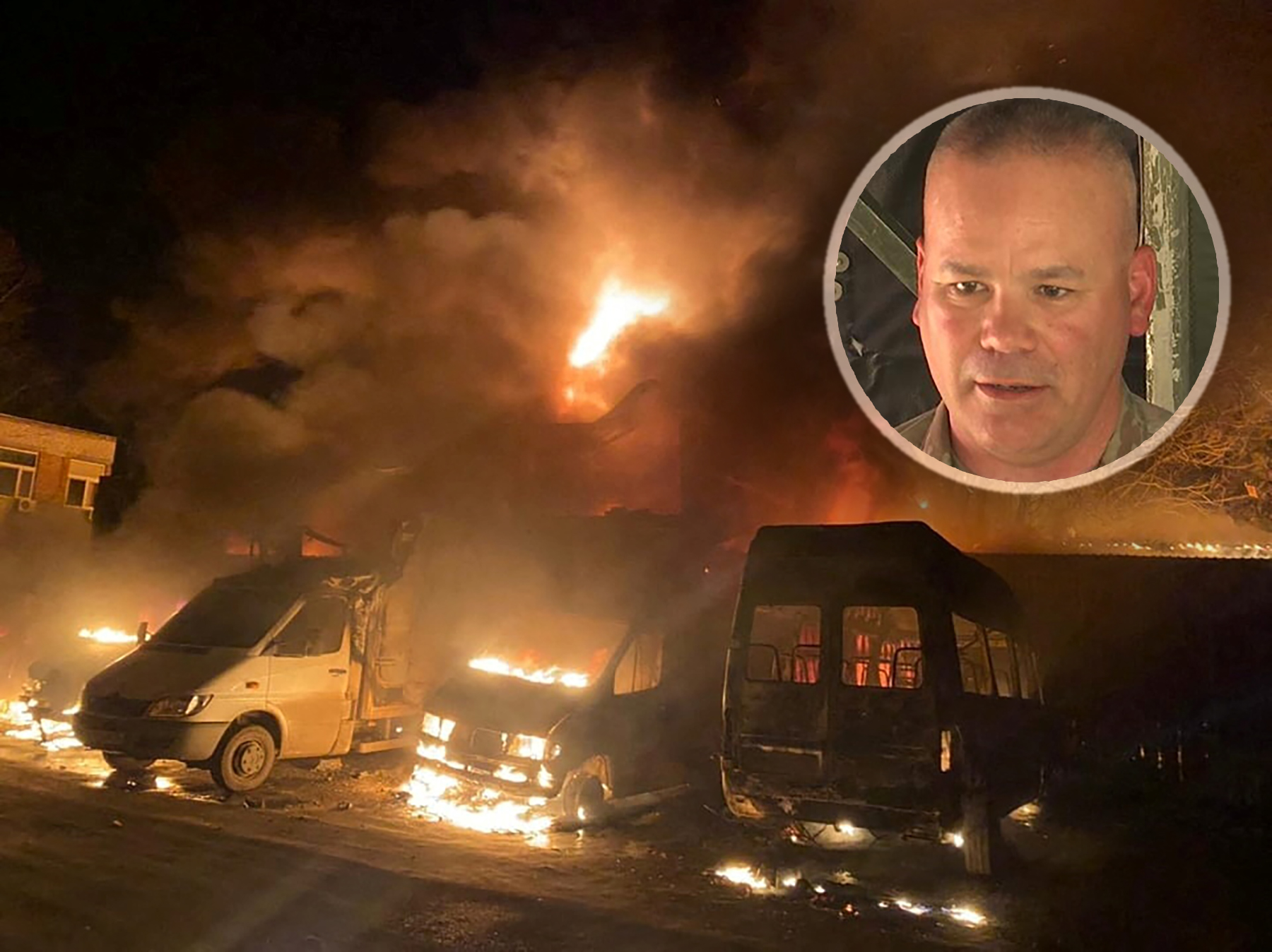 Cars and buildings are seen on fire after shelling in Mykolaiv