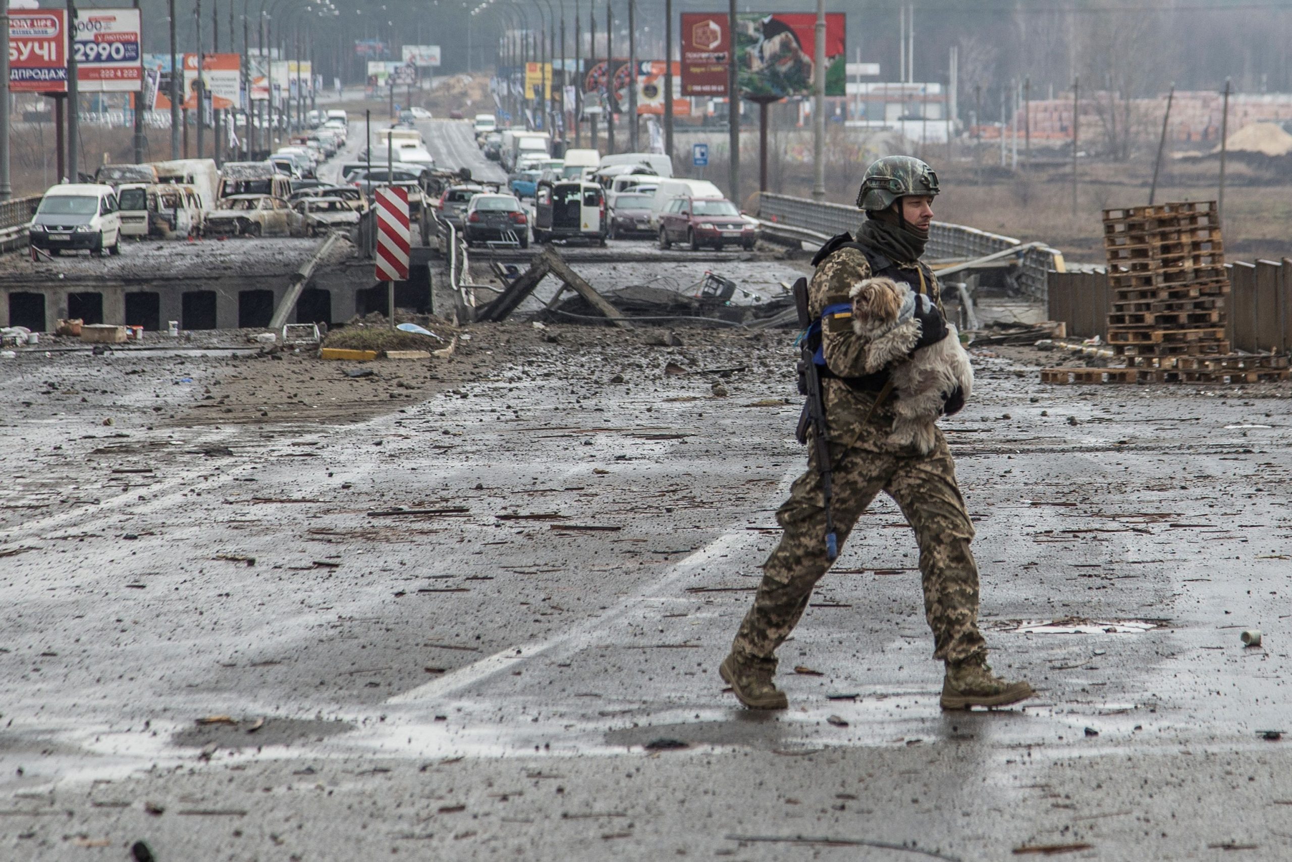 A Ukrainian service member carries a dog next to a destroyed bridge over the Irpin river, as Russia's attack on Ukraine continues, in the town of Irpin, Kyiv region, Ukraine March 30, 2022. Picture taken March 30, 2022. REUTERS/Oleksandr Ratushniak