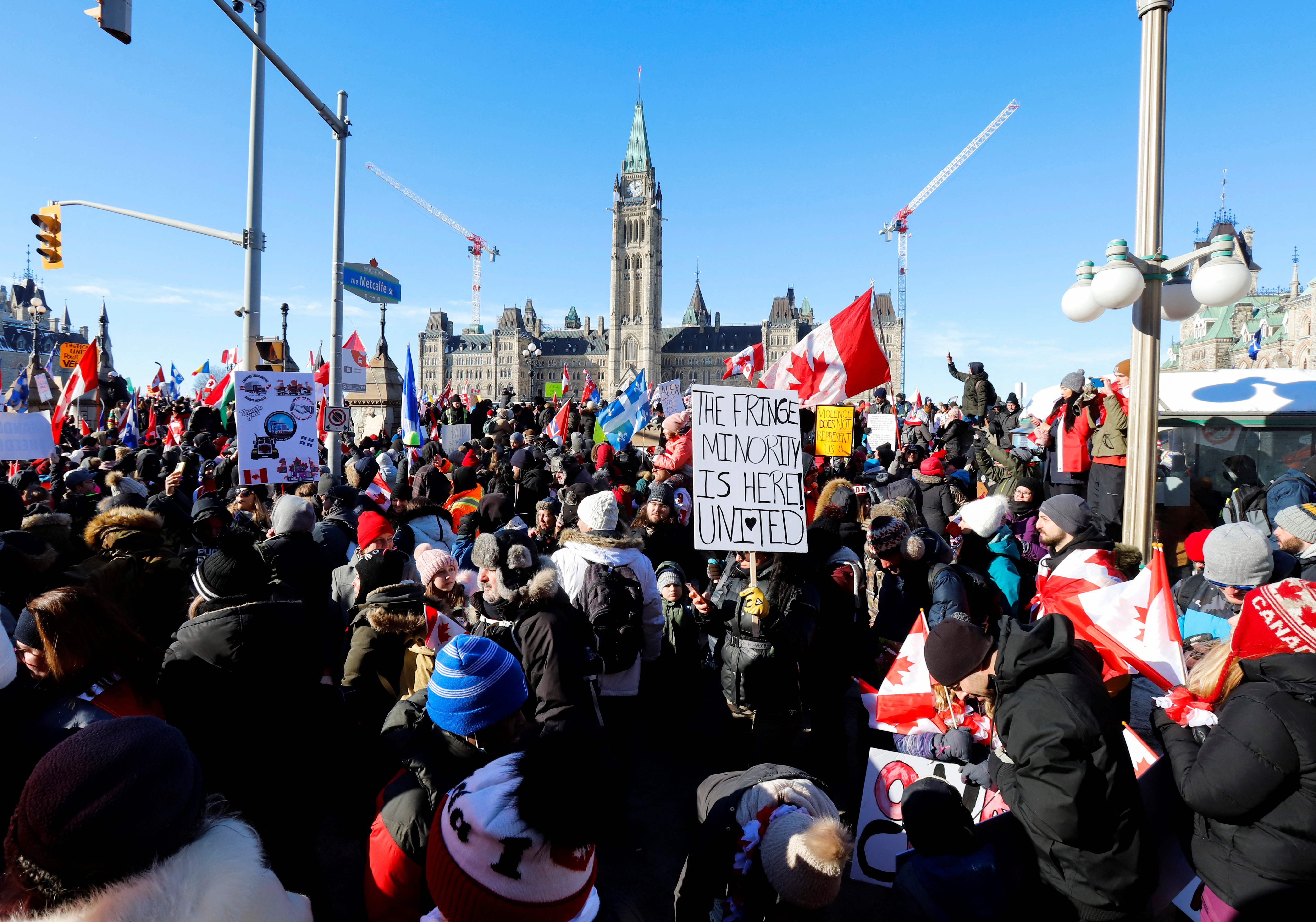 Truckers take part in a convoy and protest against COVID-19 vaccine mandate in Ottawa