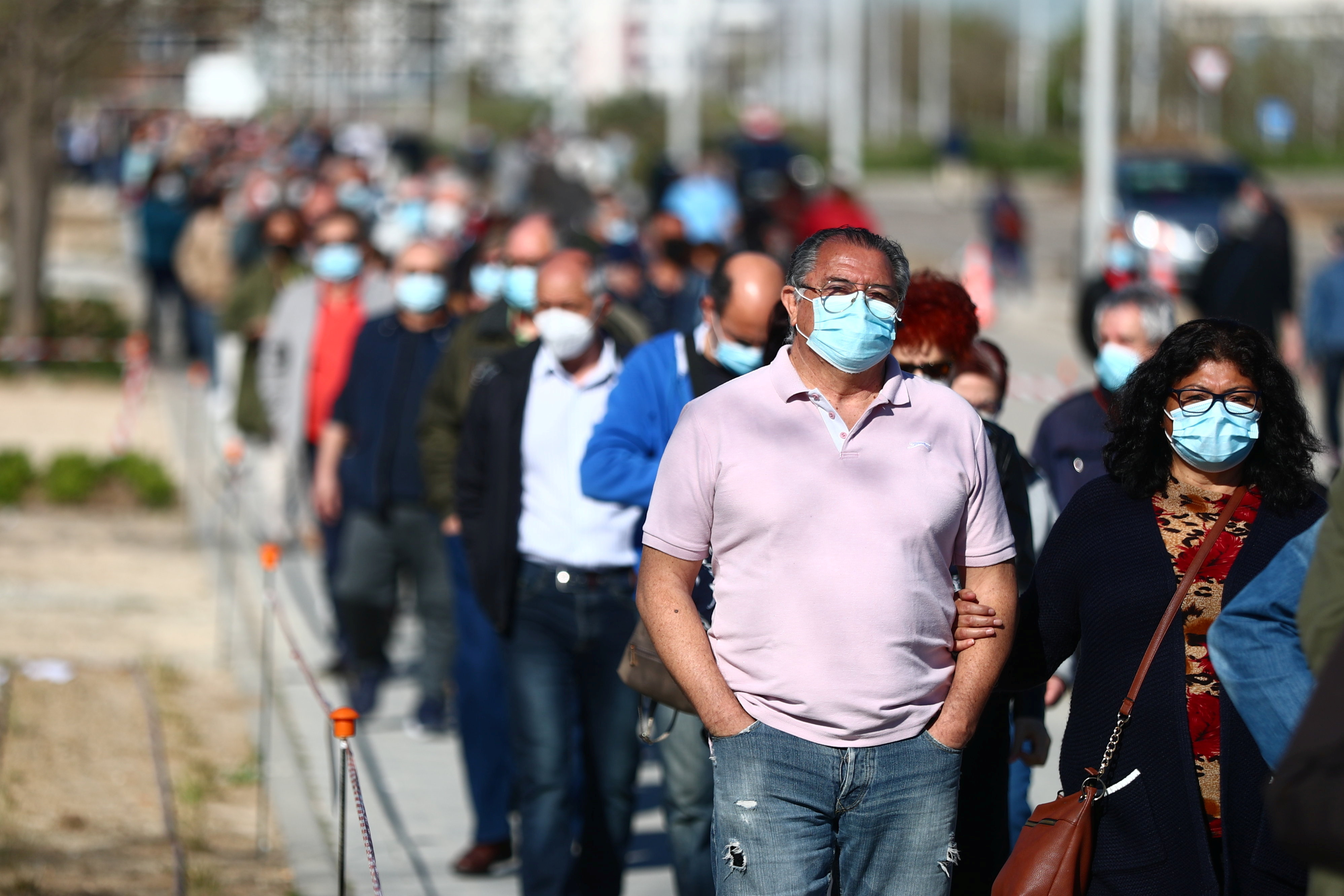 Madrid
People wait in queue before receiving their first dose of the AstraZeneca COVID-19 vaccine, as the coronavirus disease (COVID-19) outbreak continues, outside Enfermera Isabel Zendal hospital in Madrid, Spain, April 6, 2021. REUTERS/Sergio Perez
