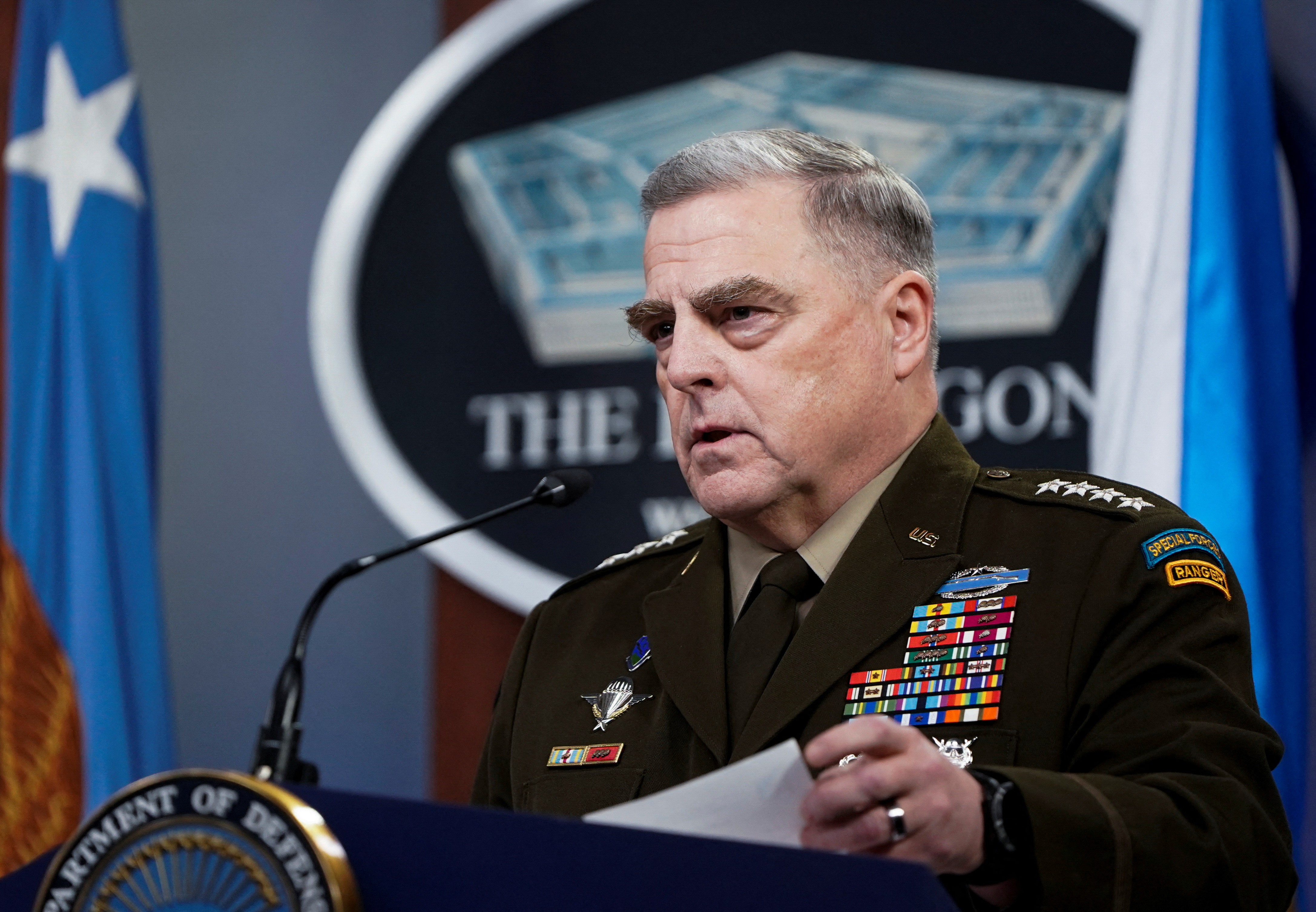 General Mark Milley, Chairman of the U.S. Joint Chiefs of Staff, answers questions from reporters about Russia and the crisis in the Ukraine during a news conference at the Pentagon in Washington, U.S., January 28, 2022. REUTERS/Joshua Roberts