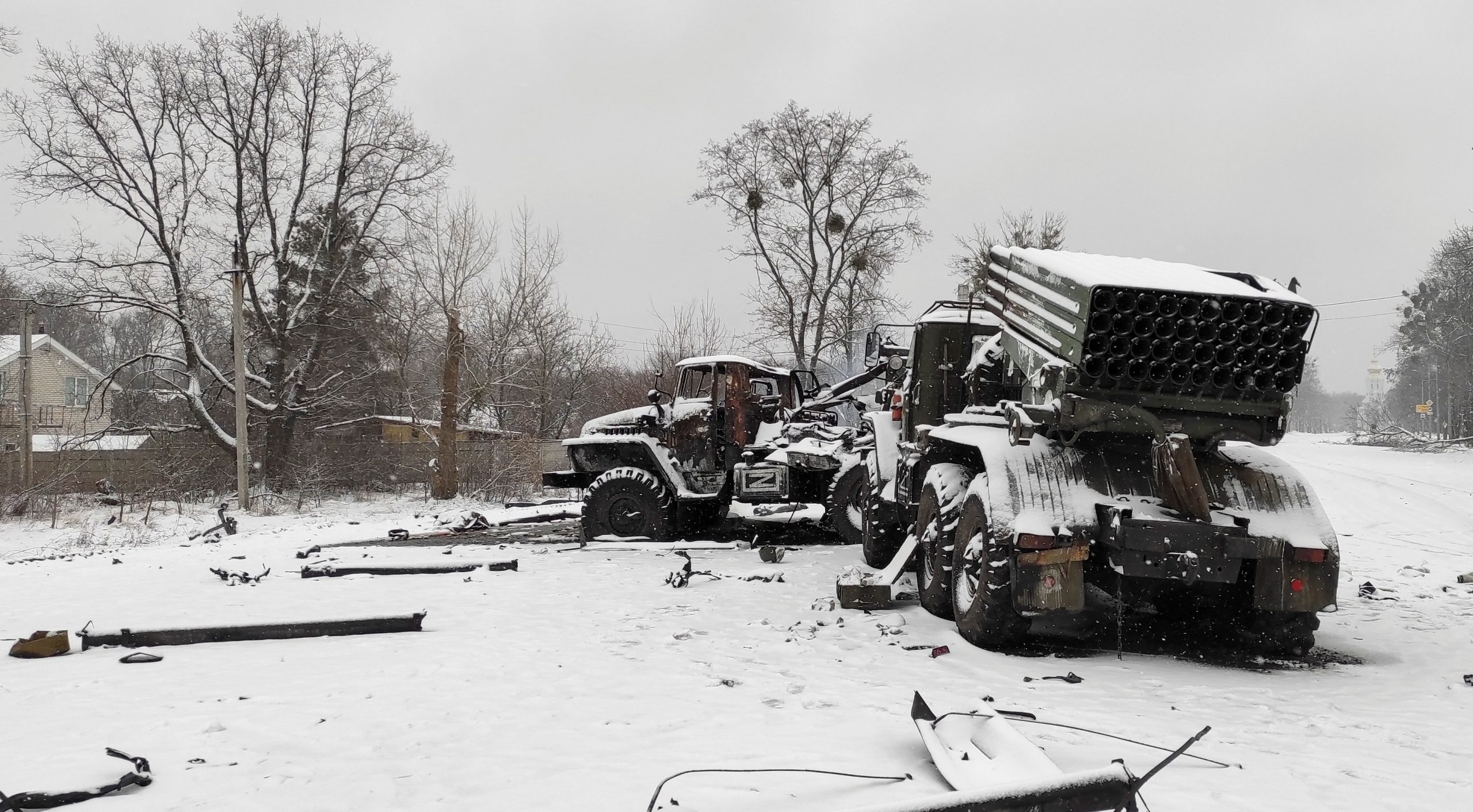 A view shows destroyed Russian Army multiple rocket launchers with the letter "Z" painted on their sides in Kharkiv, Ukraine February 25, 2022. REUTERS/Maksim Levin