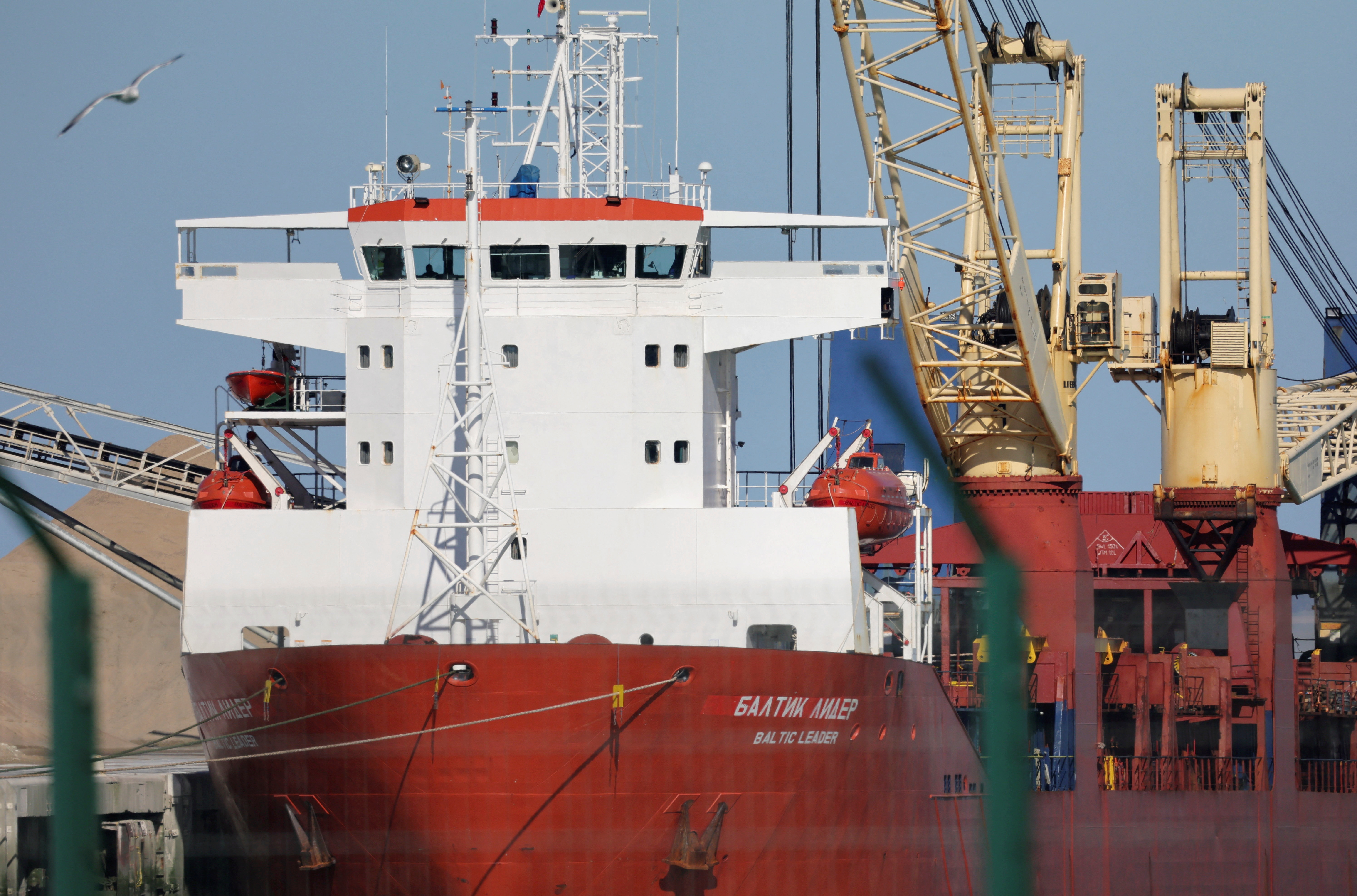 Russian cargo ship Baltic Leader is seen after it was diverted for allegedly violating EU-imposed sanctions on Moscow over the invasion of Ukraine, in the port of Boulogne-sur-Mer, France, February 26, 2022. REUTERS/Pascal Rossignol