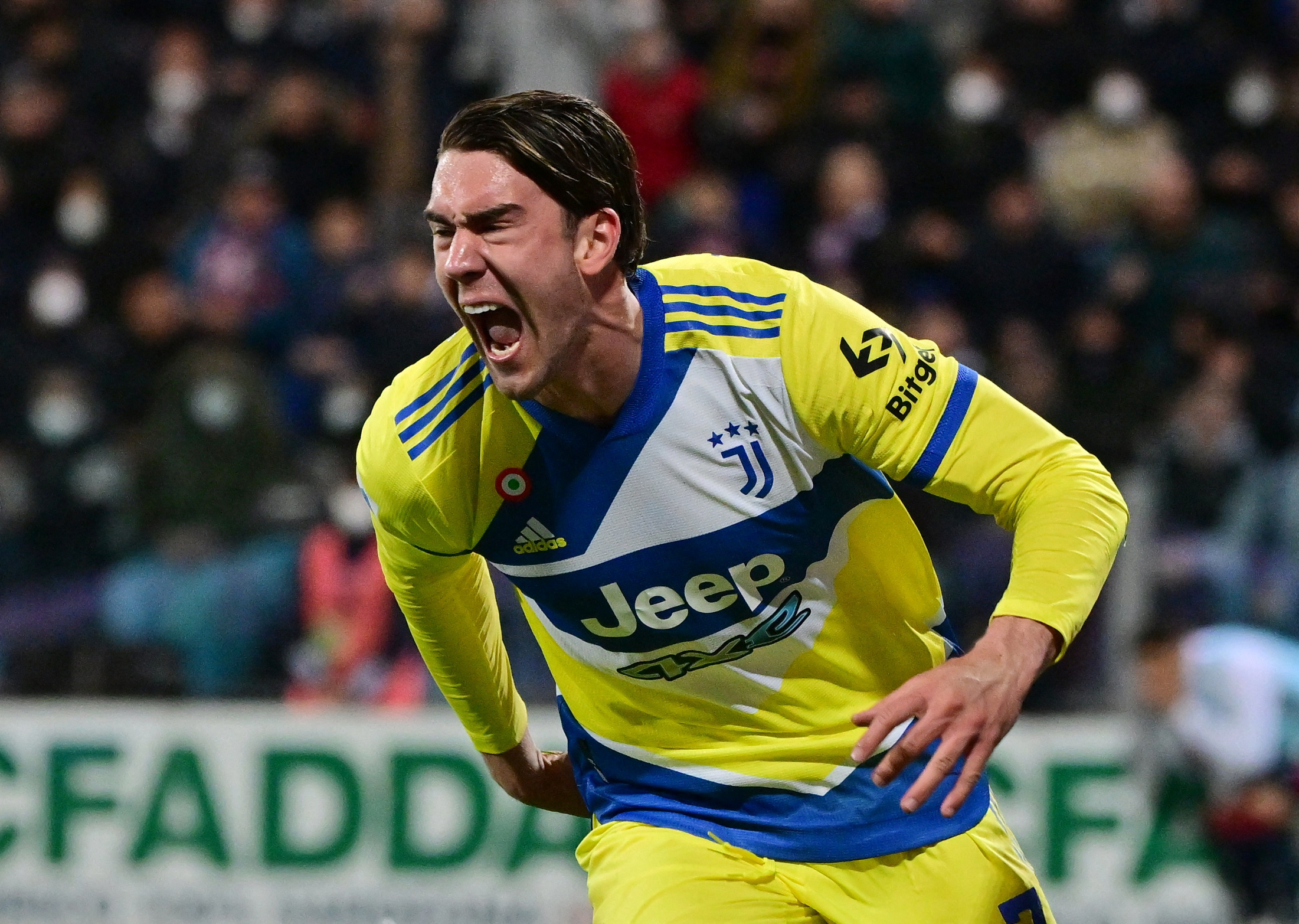 Soccer Football - Serie A - Cagliari v Juventus - Sardegna Arena, Cagliari, Italy - April 9, 2022  Juventus' Dusan Vlahovic celebrates scoring their second goal REUTERS/Alberto Lingria