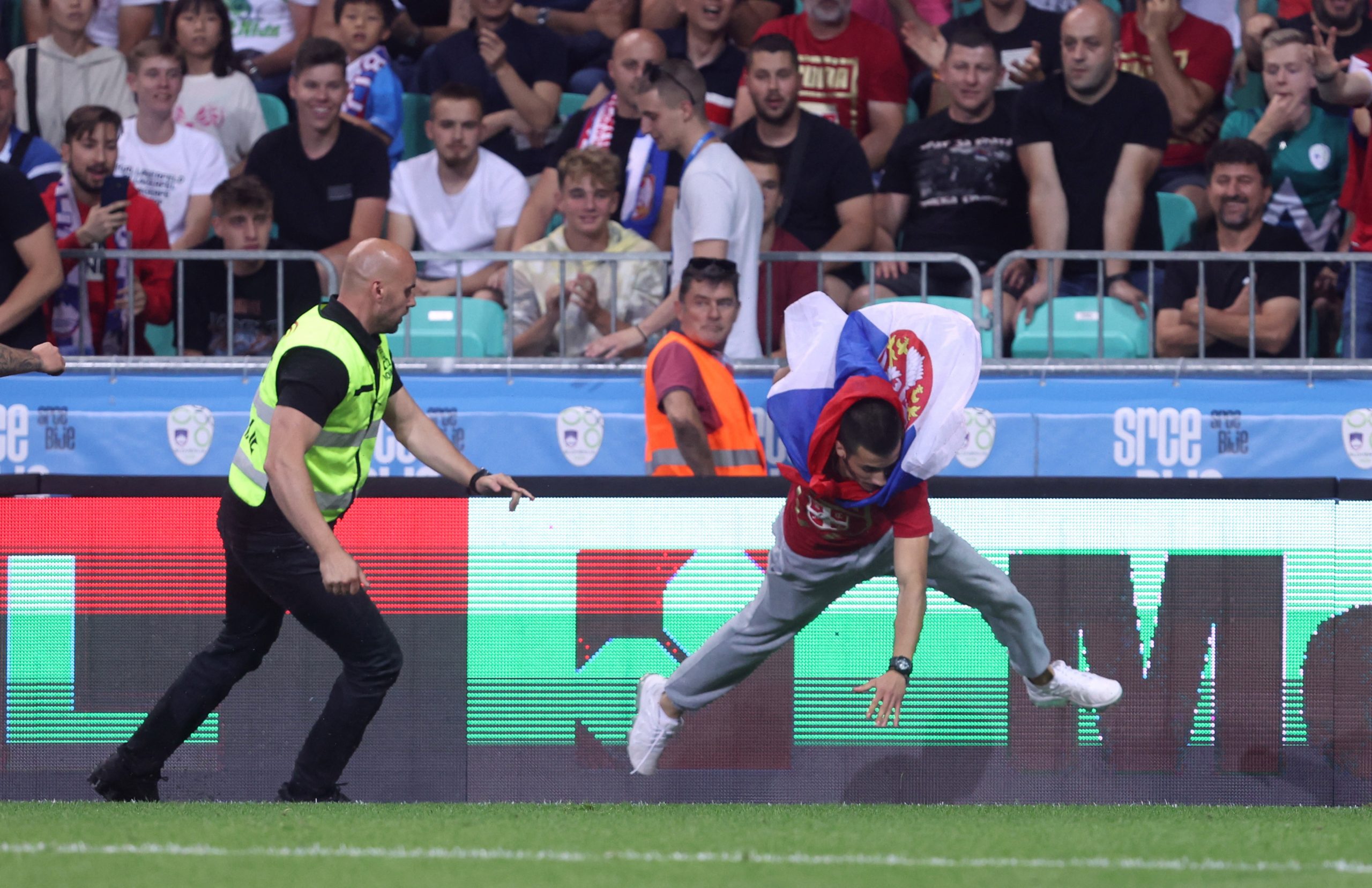 Soccer Football - UEFA Nations League - Group H - Slovenia v Serbia - Stozice Stadium, Ljubljana, Slovenia - June 12, Pitch invasion by a Serbian fan
