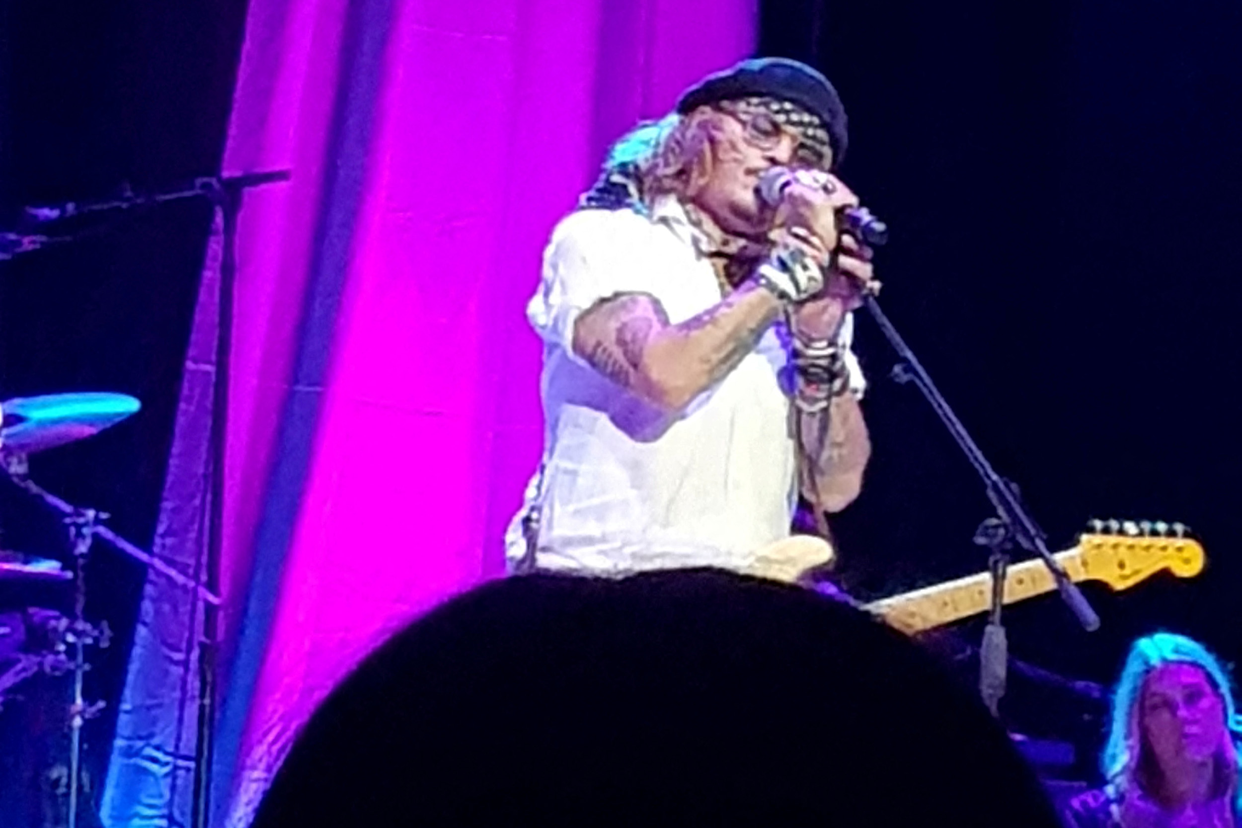Actor Johnny Depp joins musician Jeff Beck on stage during concert, in Sheffield