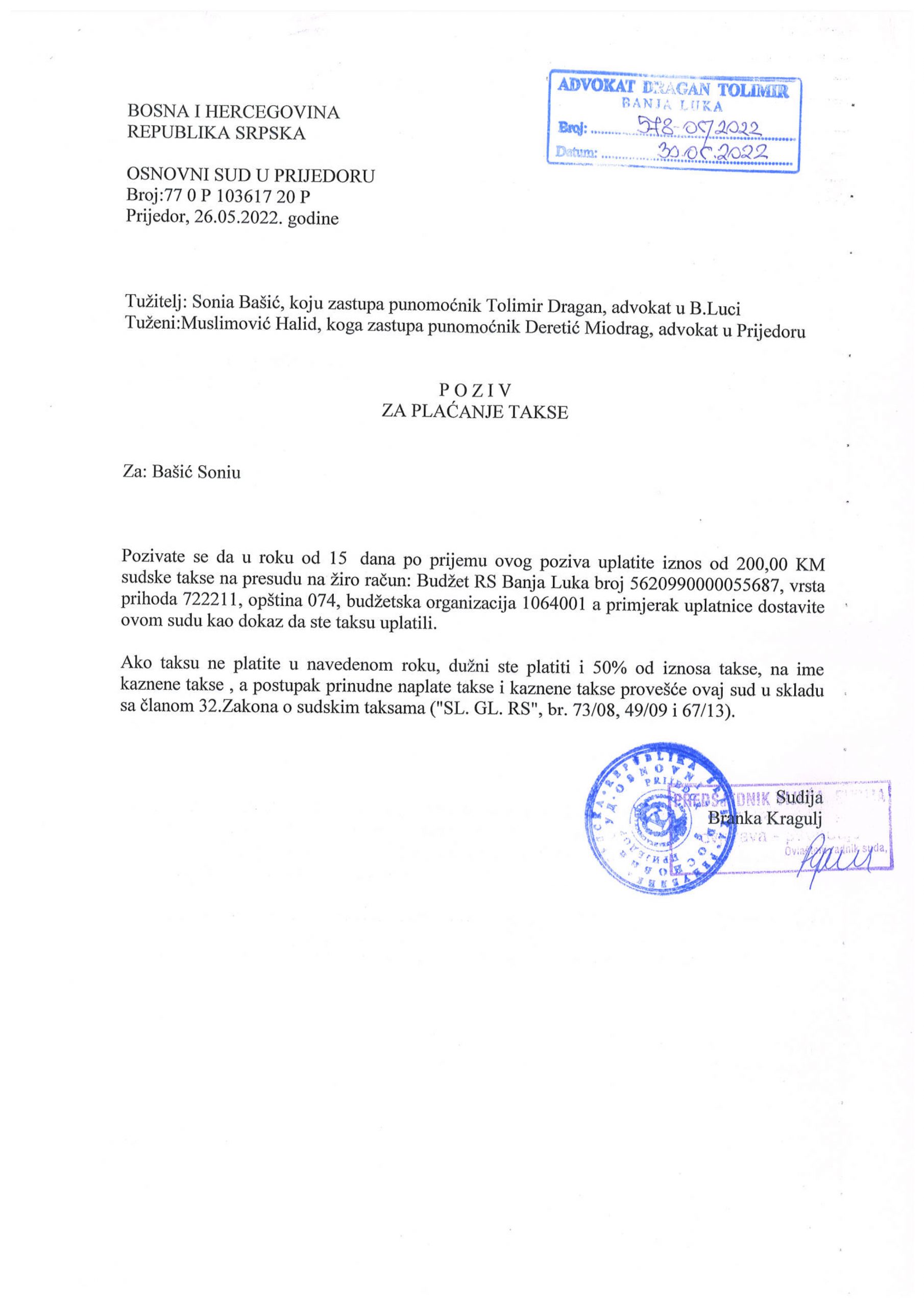 Sonja Bašić, presuda, dokument Foto: Privatna arhiva