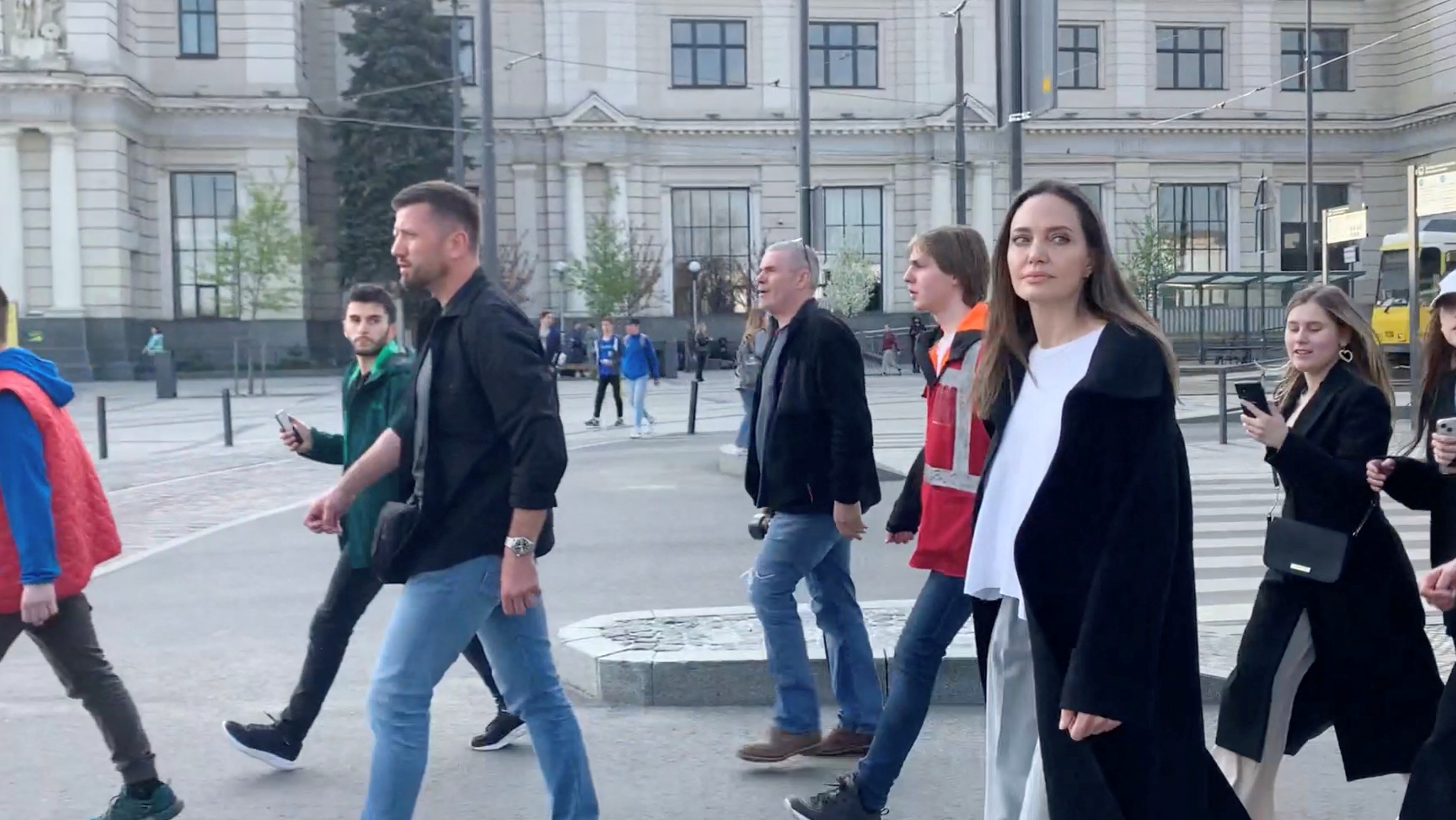 UNHCR Special Envoy Jolie evacuates Lviv railway station amid air raid siren