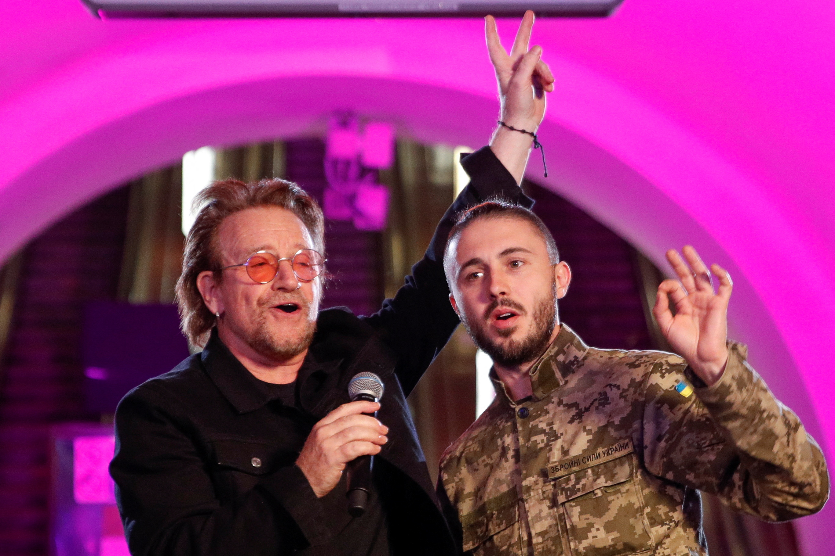 Bono and Topolia sings during a performance for Ukrainian people inside a subway station in Kyiv