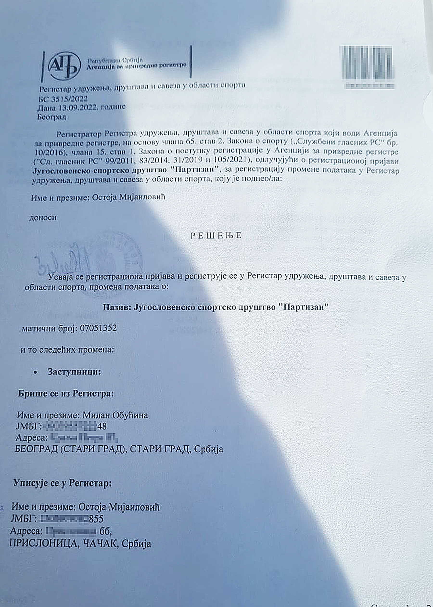 jugoslovensko drustvo partizan ostoja obucina resenje apr
