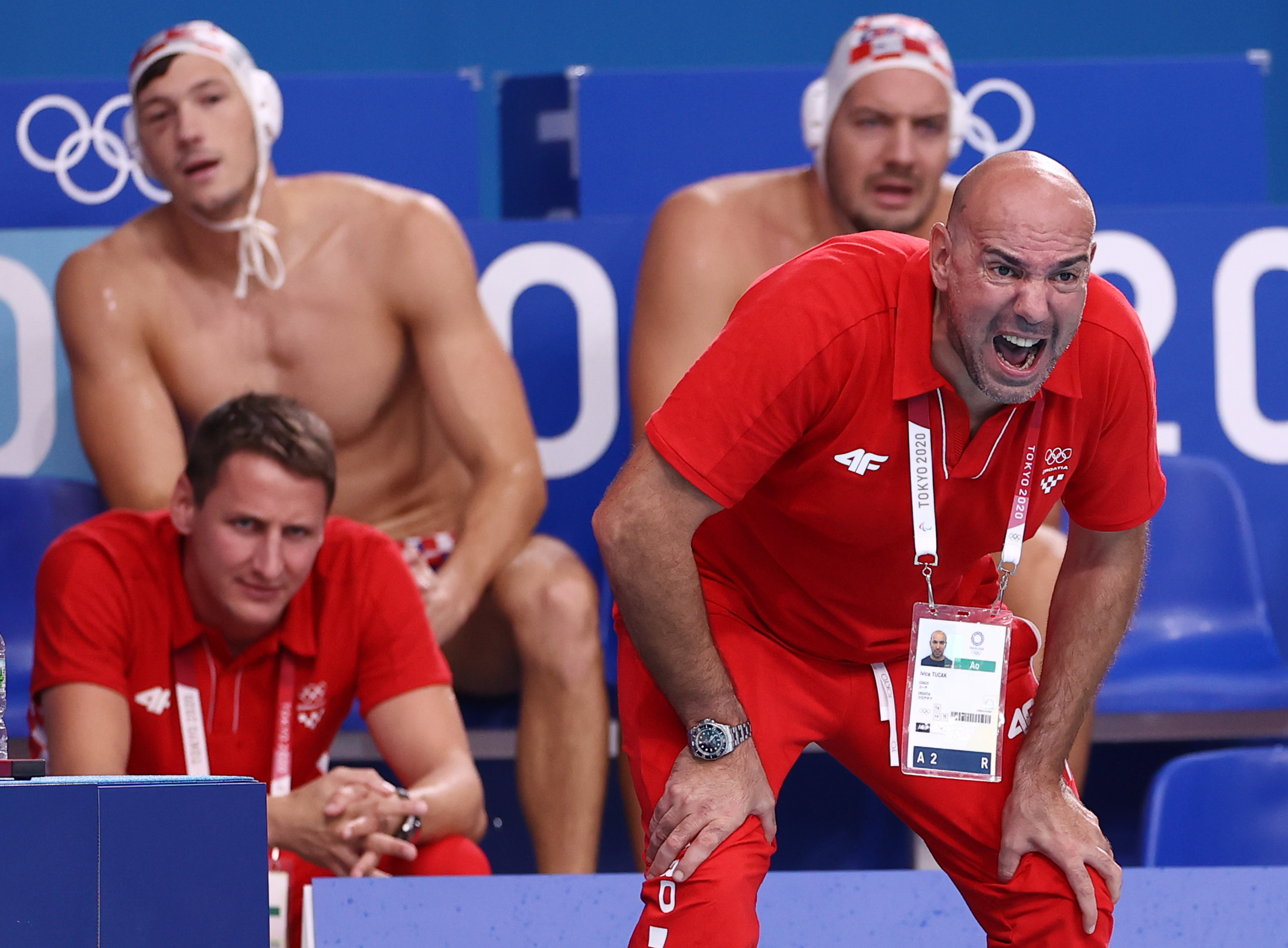 Tokyo 2020 Olympics - Water Polo - Men - Group B - Croatia v Serbia - Tatsumi Water Polo Centre, Tokyo, Japan - July 31, 2021. Croatia's head coach Ivica Tucak reacts. REUTERS/Gonzalo Fuentes