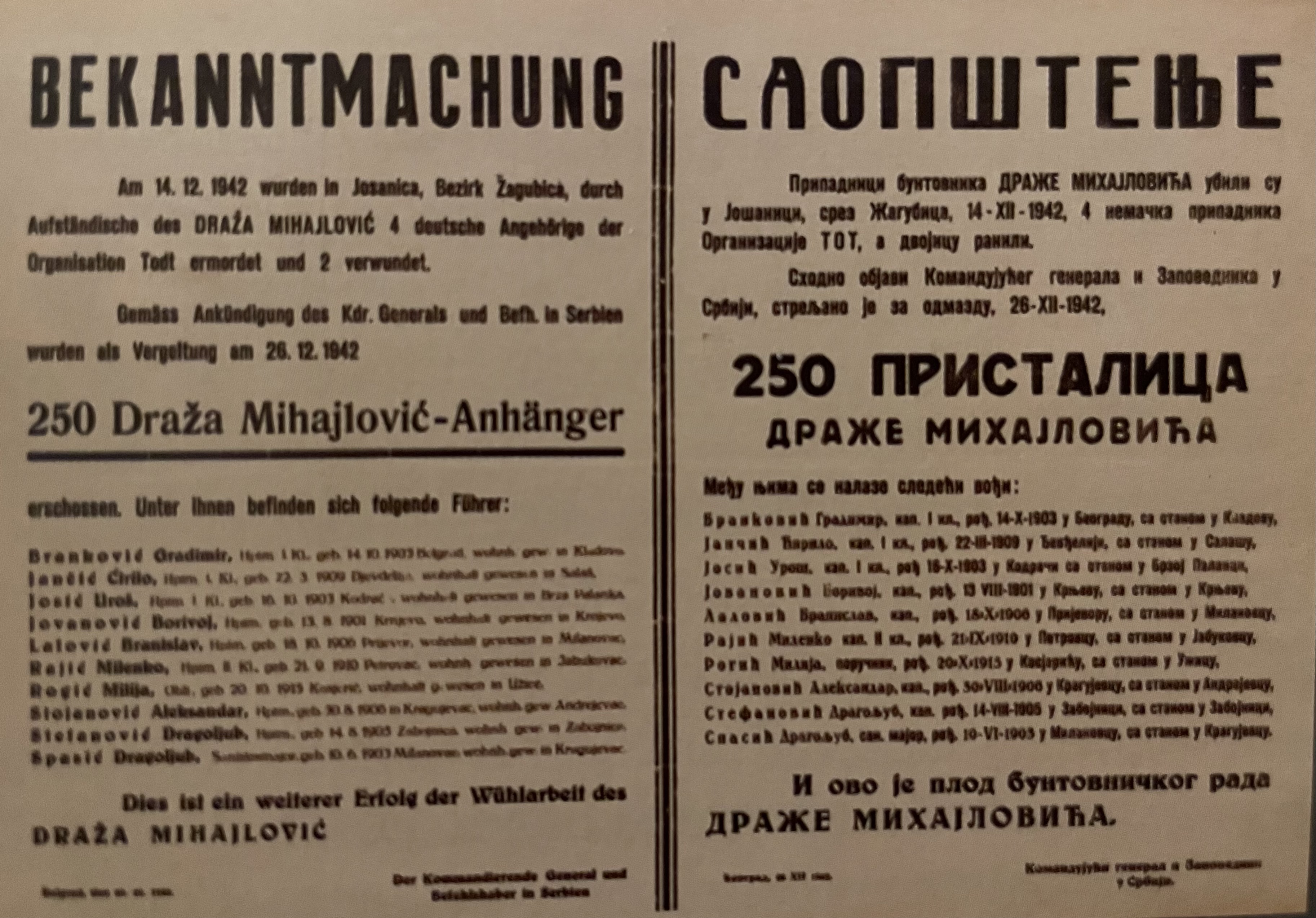 Nemačko Saopštenje o egzekucijama Foto D.Ćirić i B.Stanić Vreme na zidu