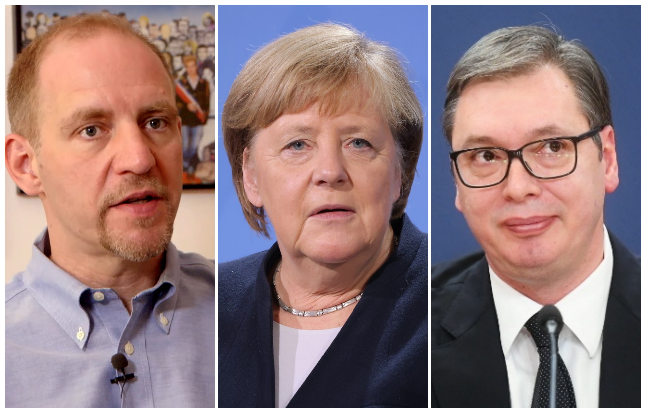 collage Florijan Biber, Aleksandar Vučić i Angela Merkel.