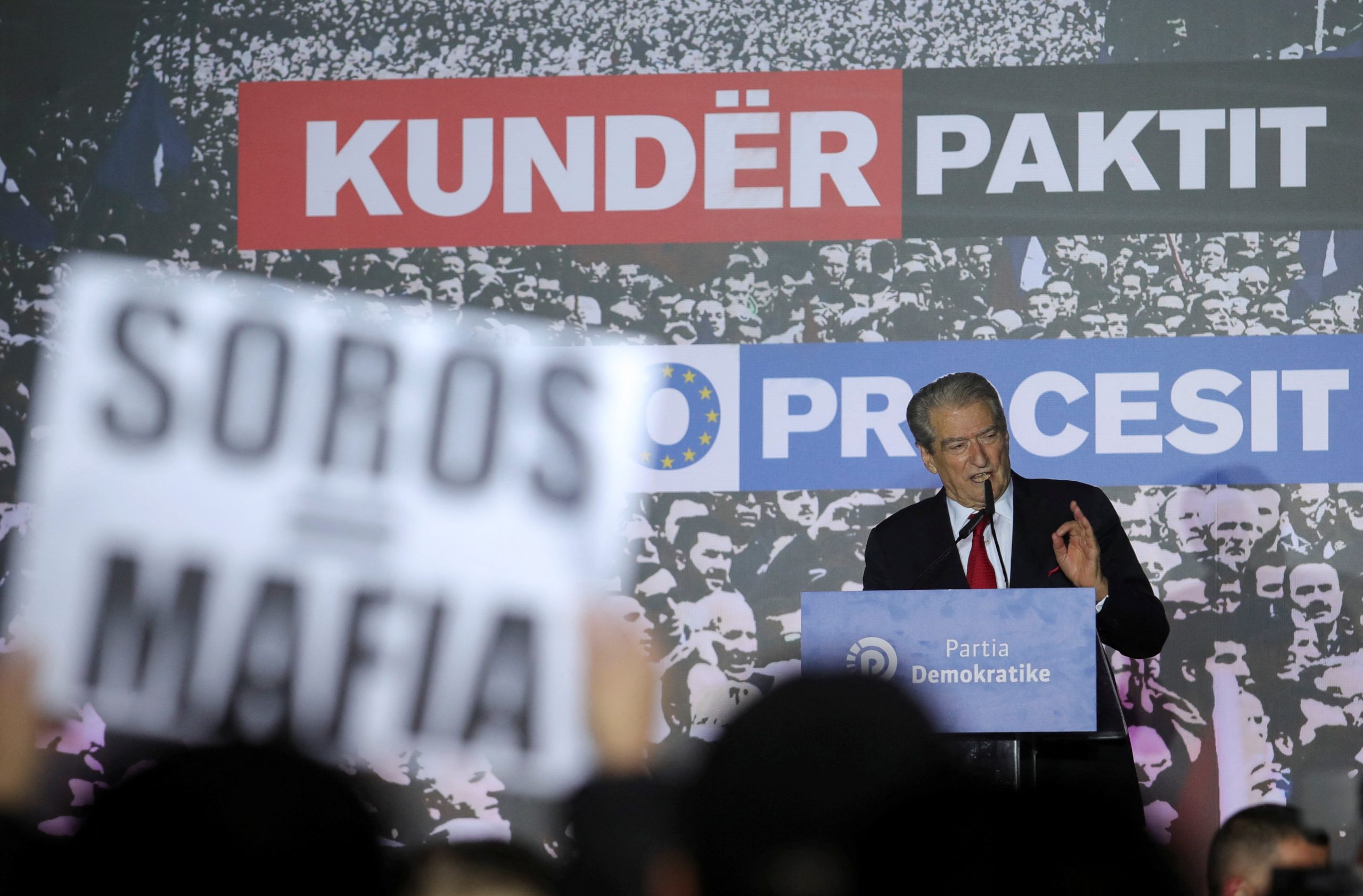 Former Albanian President and Prime Minister Sali Berisha speaks at a protest against the Open Balkans Initiative and the visit of Serbia's President Aleksandar Vucic in Tirana, Albania December 20, 2021. REUTERS/Florion Goga?