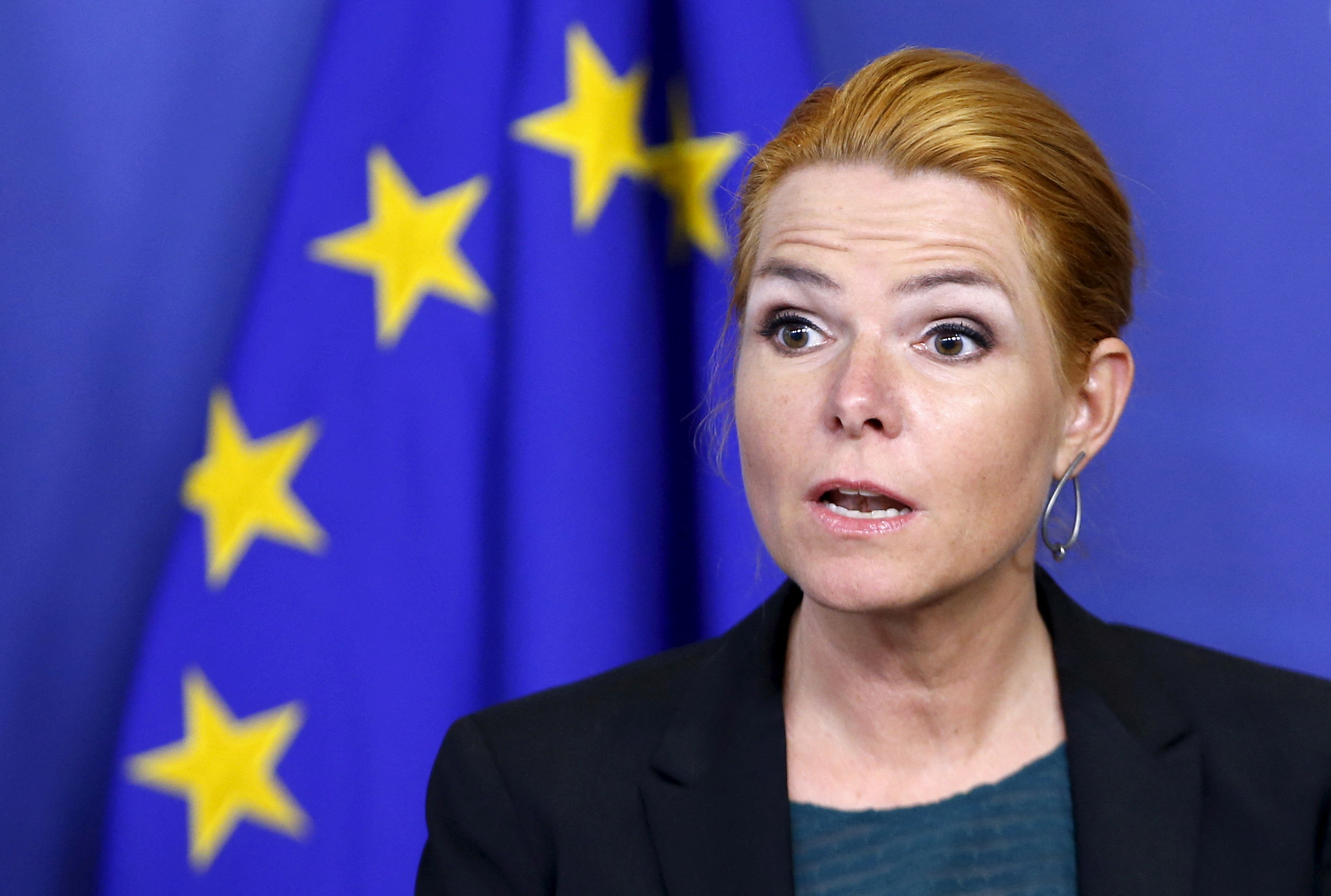 FILE PHOTO: Danish Immigration and Integration Minister Inger Stojberg speaks at a joint news conference at the EU Commission headquarters in Brussels, Belgium, January 6, 2016. REUTERS/Francois Lenoir/File Photo