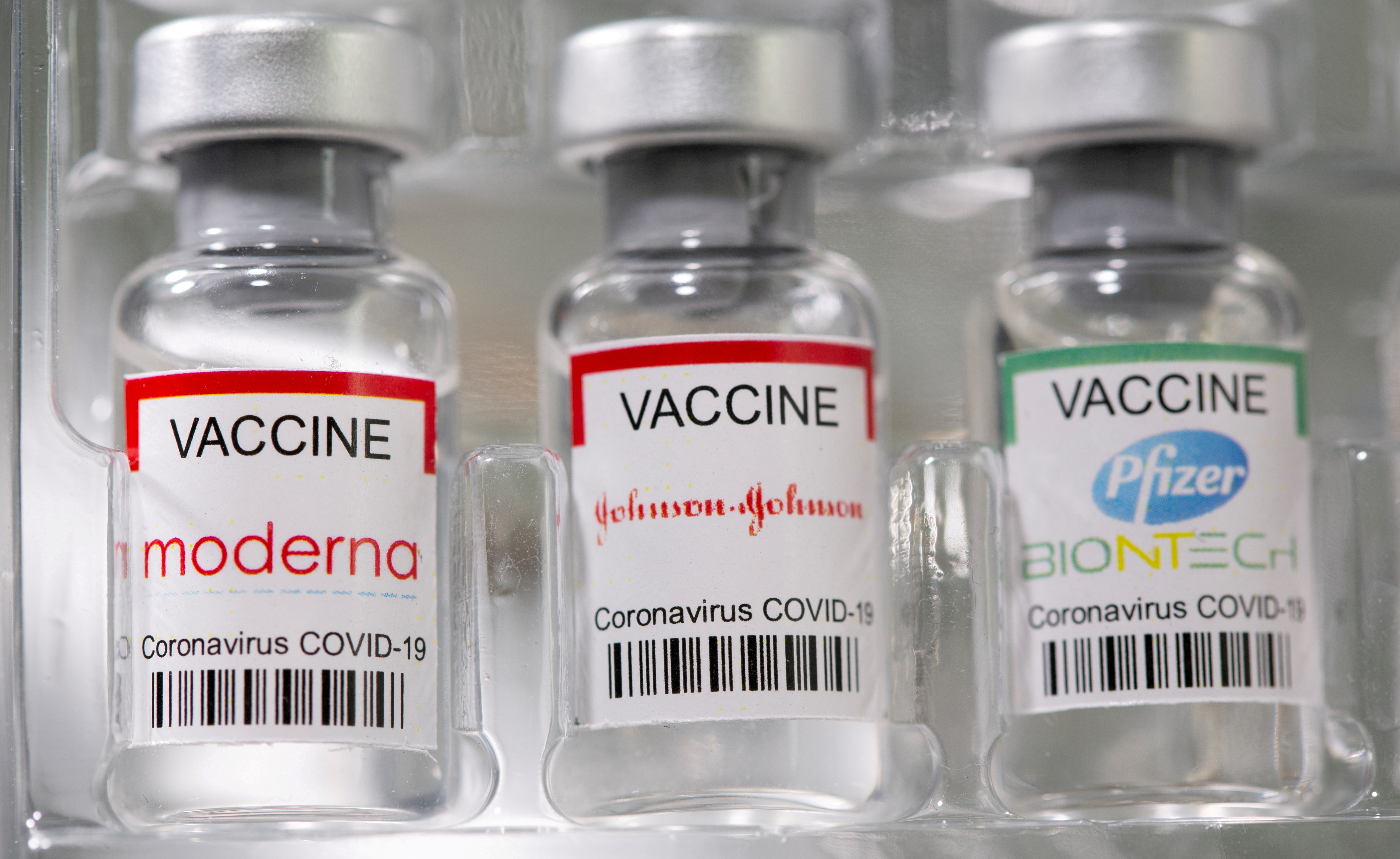 FILE PHOTO: Vials labelled "Moderna, Johnson &amp; Johnson, Pfizer-BioNTech coronavirus disease (COVID-19) vaccine" are seen in this illustration picture