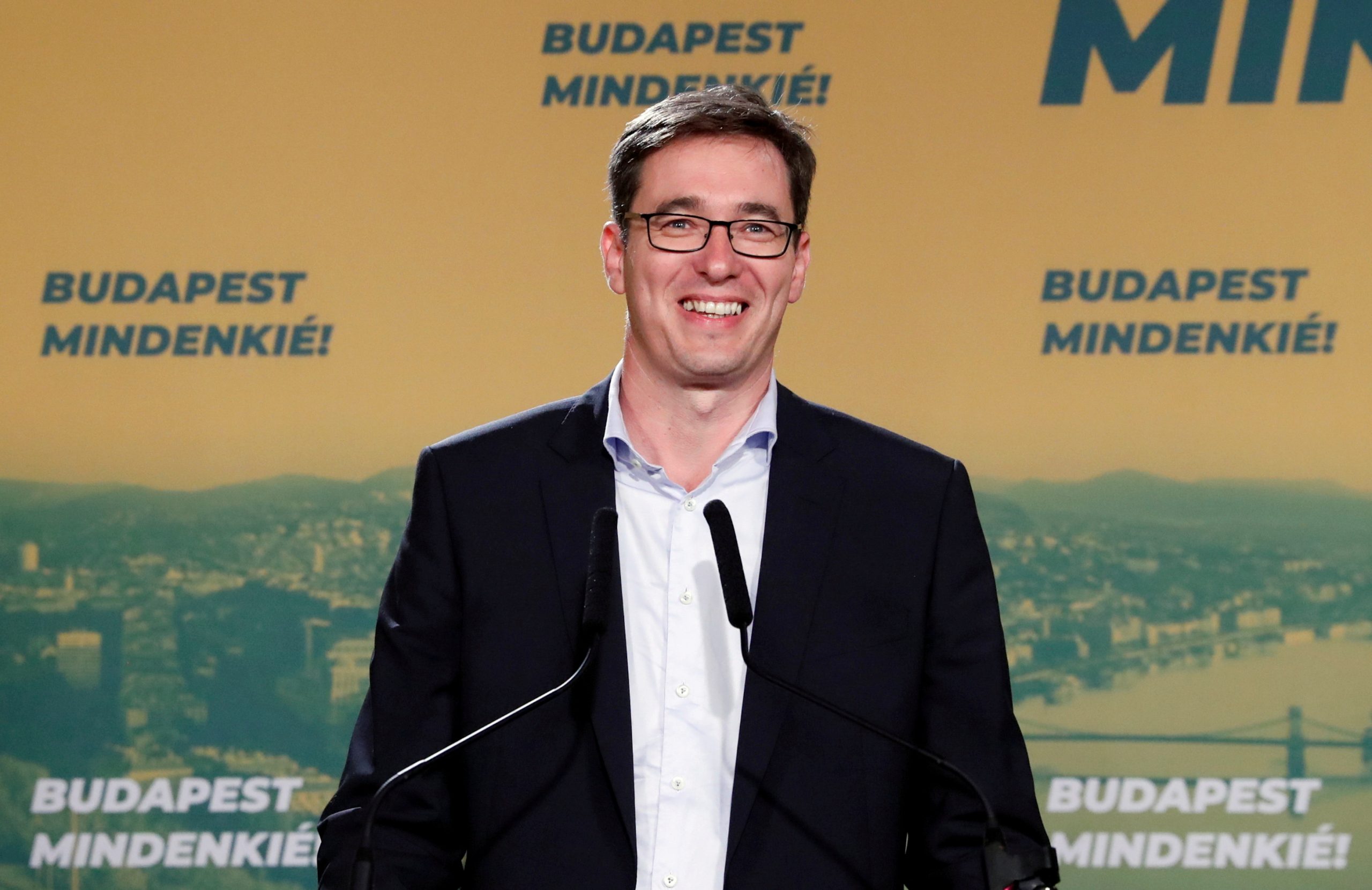 FILE PHOTO: Gergely Karacsony, opposition parties' candidate, delivers a statement after being elected Mayor of Budapest, in Budapest, Hungary, October 13, 2019. REUTERS/Bernadett Szabo/File Photo