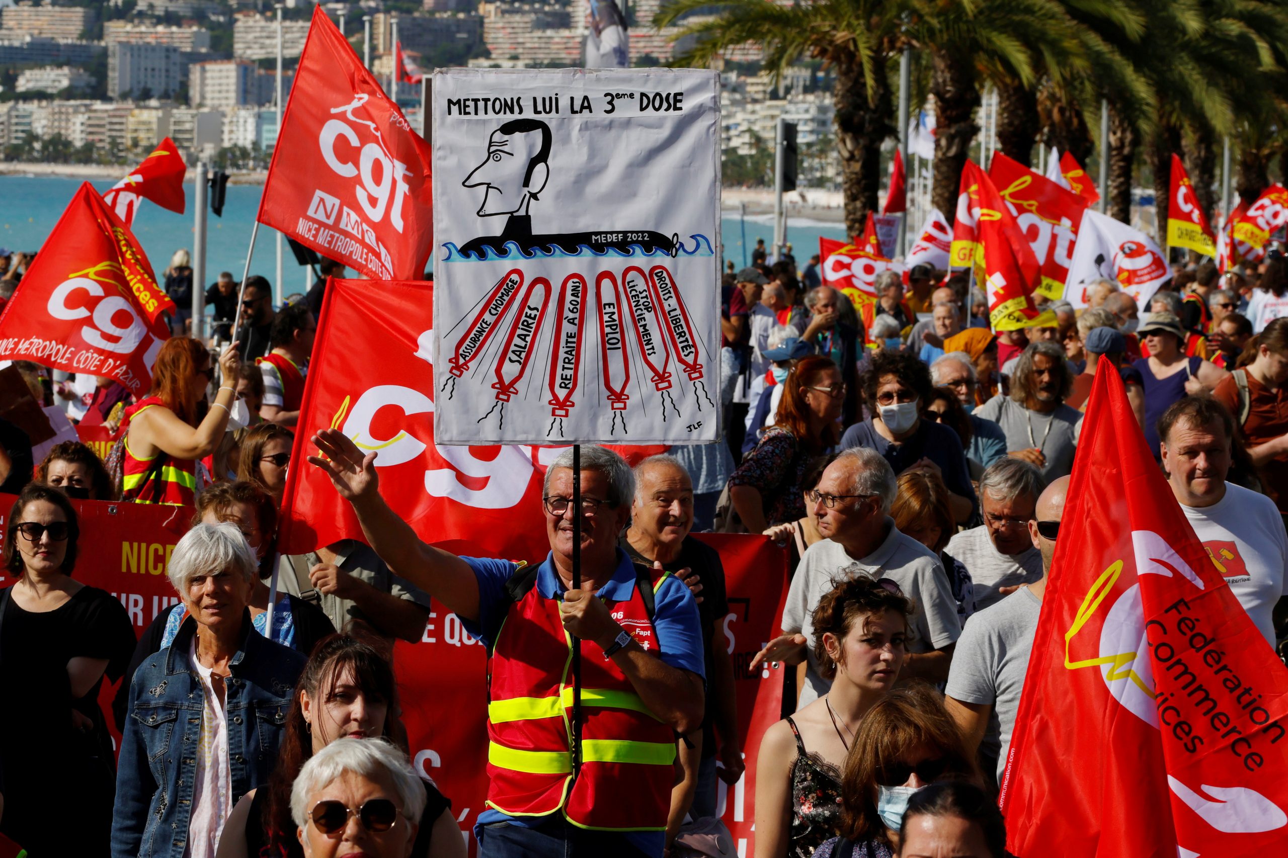 CGT labour union members attend a demonstration in Nice as part of a day of strikes and protests against French government's economic and social policies, France, October 5, 2021.   REUTERS/Eric Gaillard