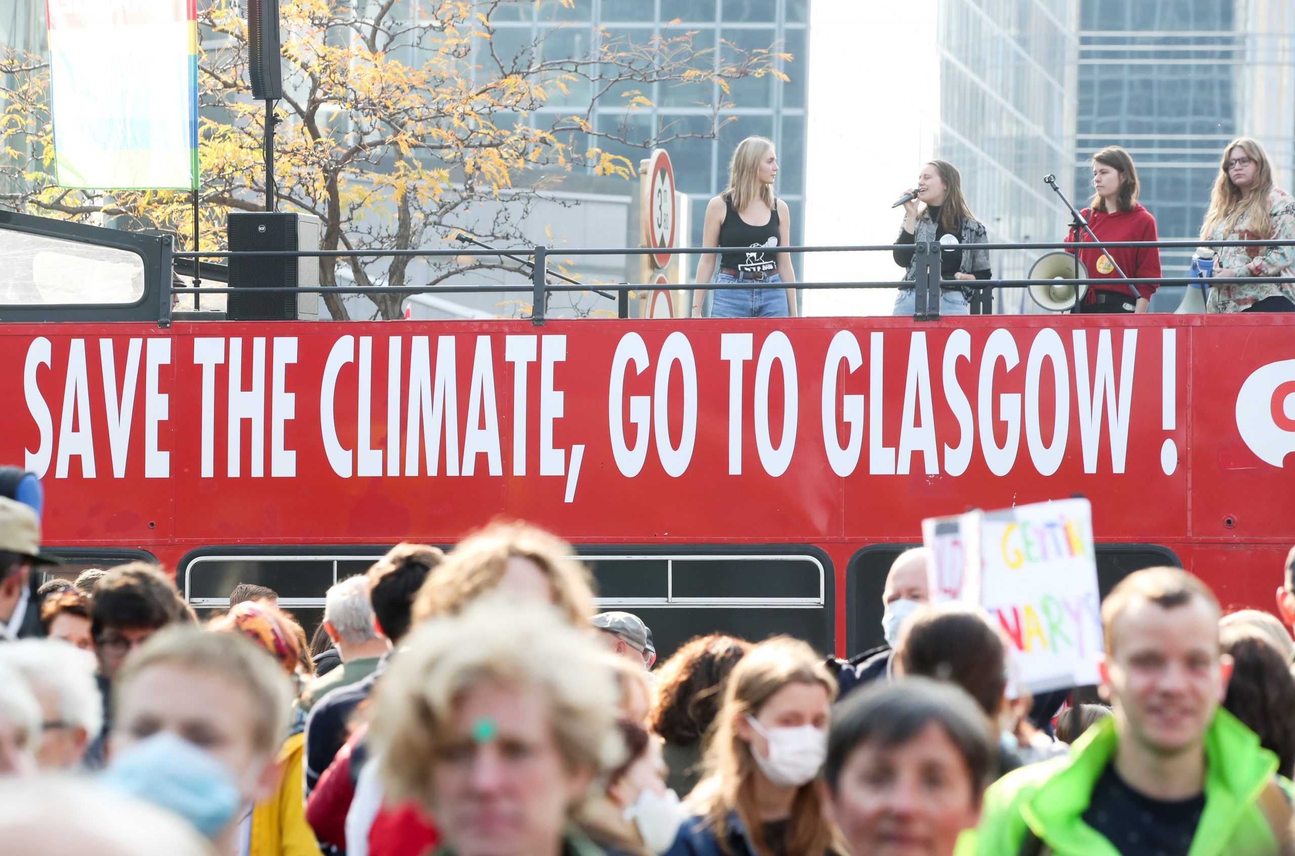 People take part in a Climate March ahead of the COP26 climate summit, in Brussels, Belgium October 10, 2021. REUTERS/Yves Herman