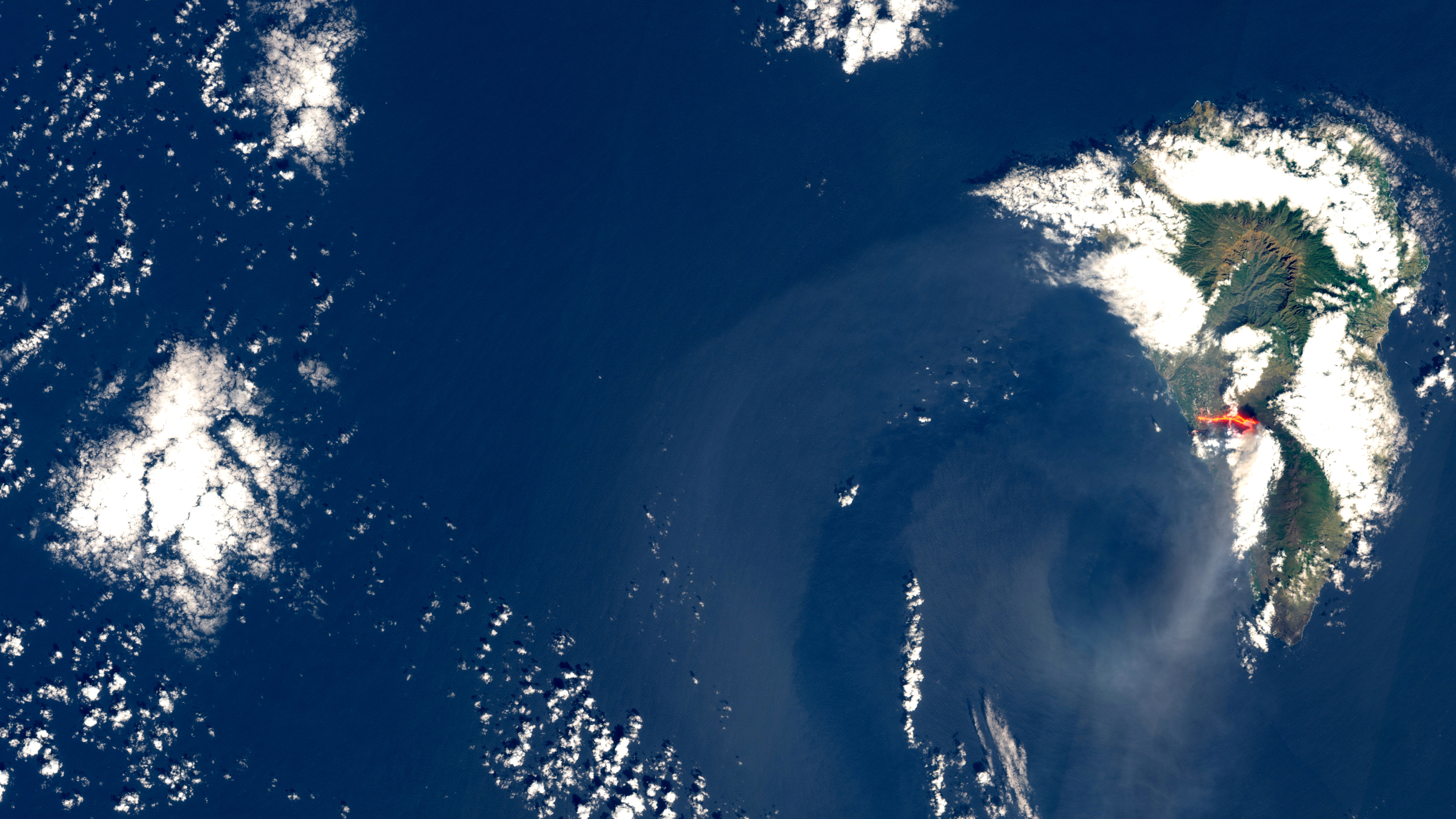 Satellite picture of lava flow following the eruption of a volcano on the island of La Palma