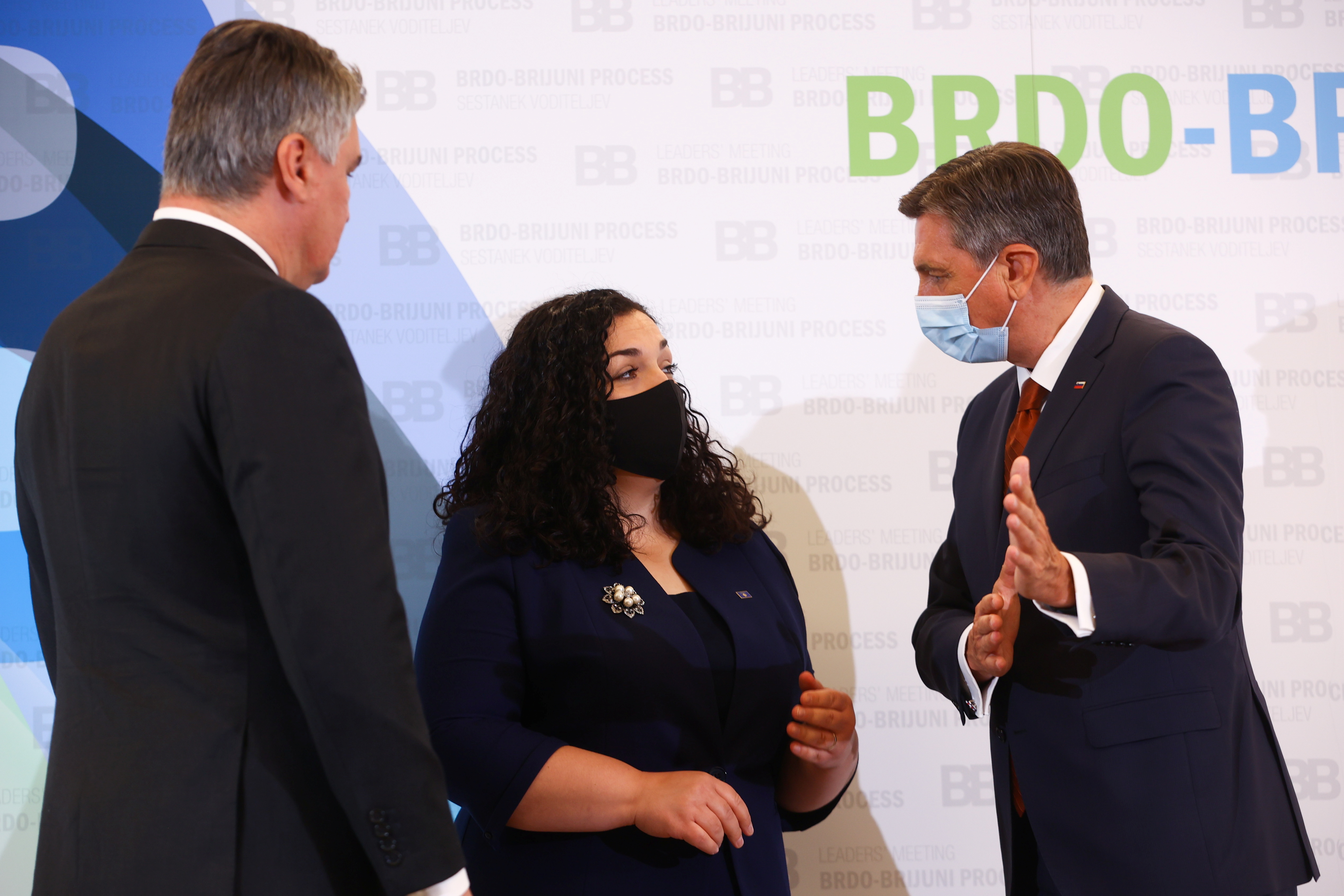 President of Slovenia Borut Pahor talks with his counterparts Vjosa Osmani-Sadriu of Kosovo and Zoran Milanovic of Croatia, at the 10th anniversary of the Brdo-Brijuni Process at the Brdo Castle near Kranj, Slovenia, May 17, 2021. REUTERS/Borut Zivulovic