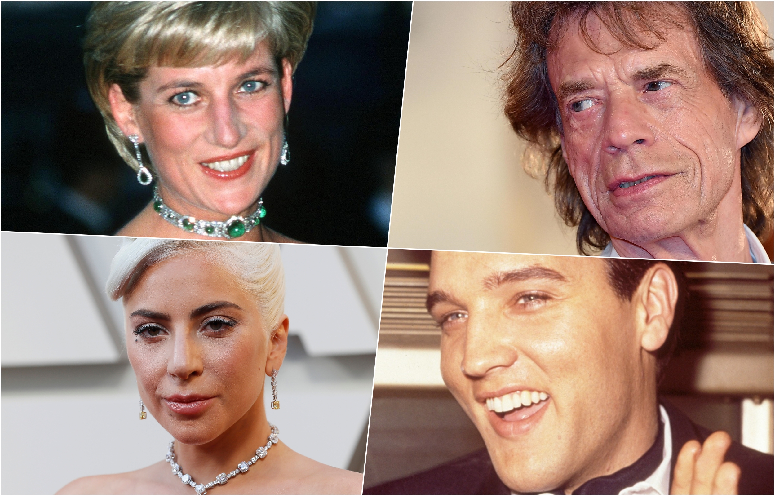 collage Lejdi Gaga, Mik Džeger, princeza Dajana, Elvis Prisli